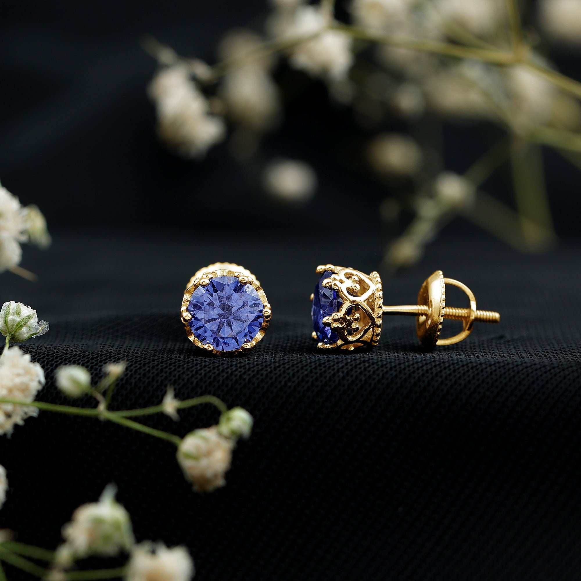 2 Carat Solitaire Lab Created Blue Sapphire Crown Stud Earrings AAAA - Rosec Jewels