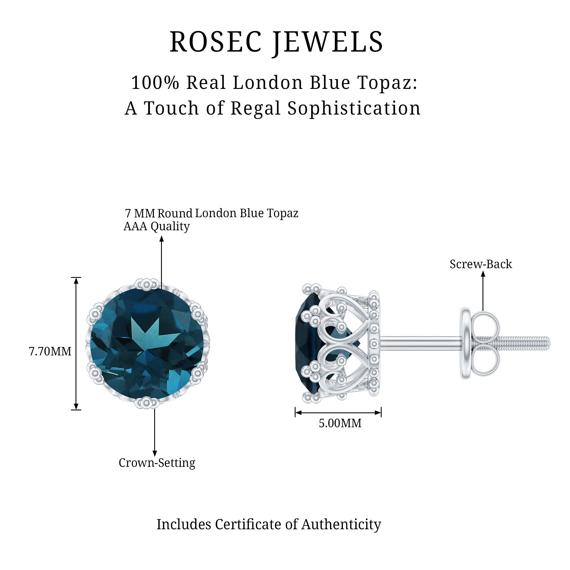 2.7 Carat Round Cut London Blue Topaz Crown Stud Earrings AAA - Rosec Jewels