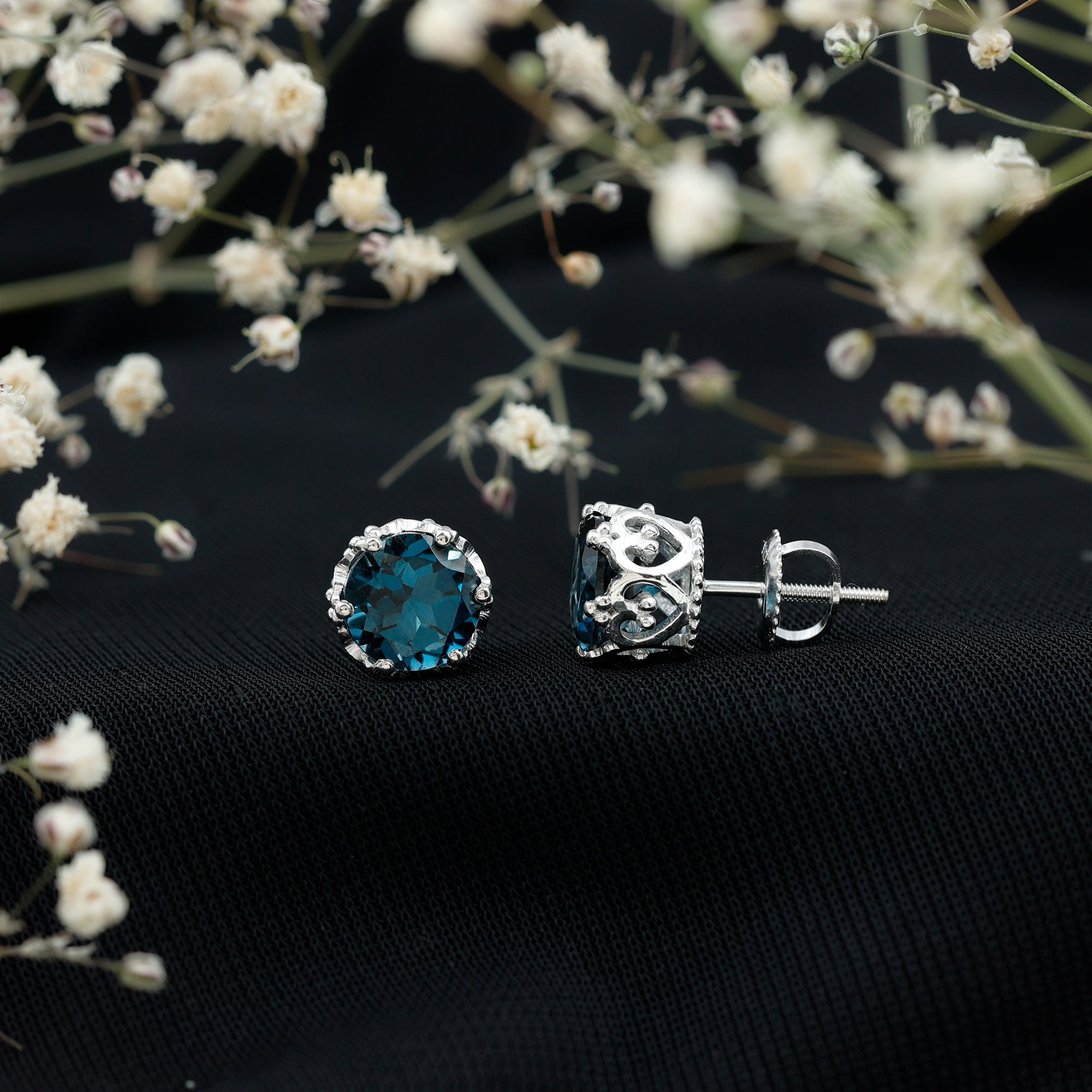 2.7 Carat Round Cut London Blue Topaz Crown Stud Earrings AAA - Rosec Jewels