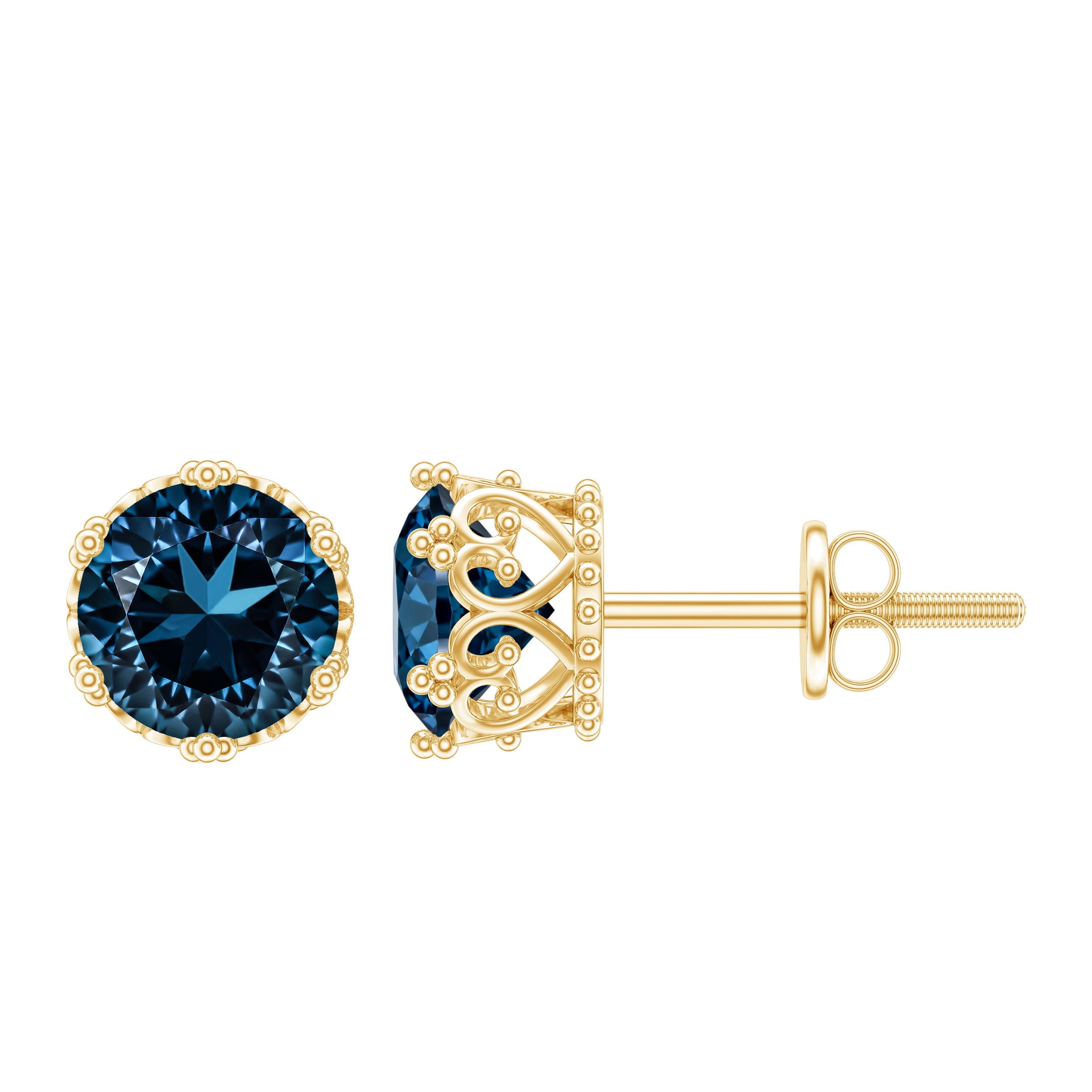 2.7 Carat Round Cut London Blue Topaz Crown Stud Earrings AAA - Rosec Jewels