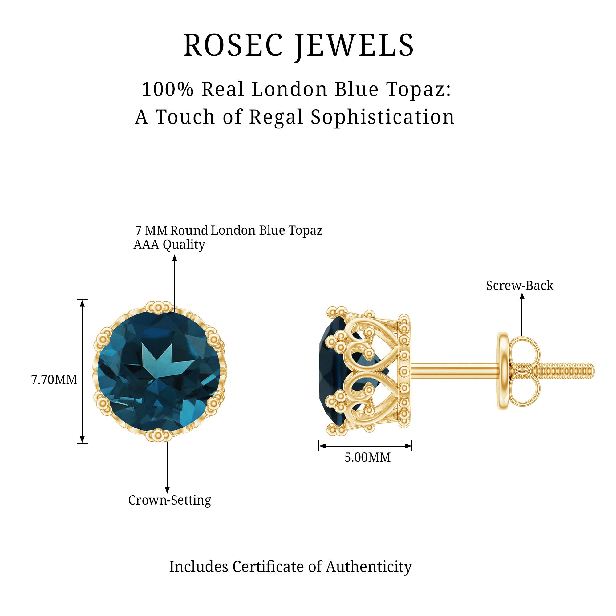 2.7 Carat Round Cut London Blue Topaz Crown Stud Earrings AAA - Rosec Jewels