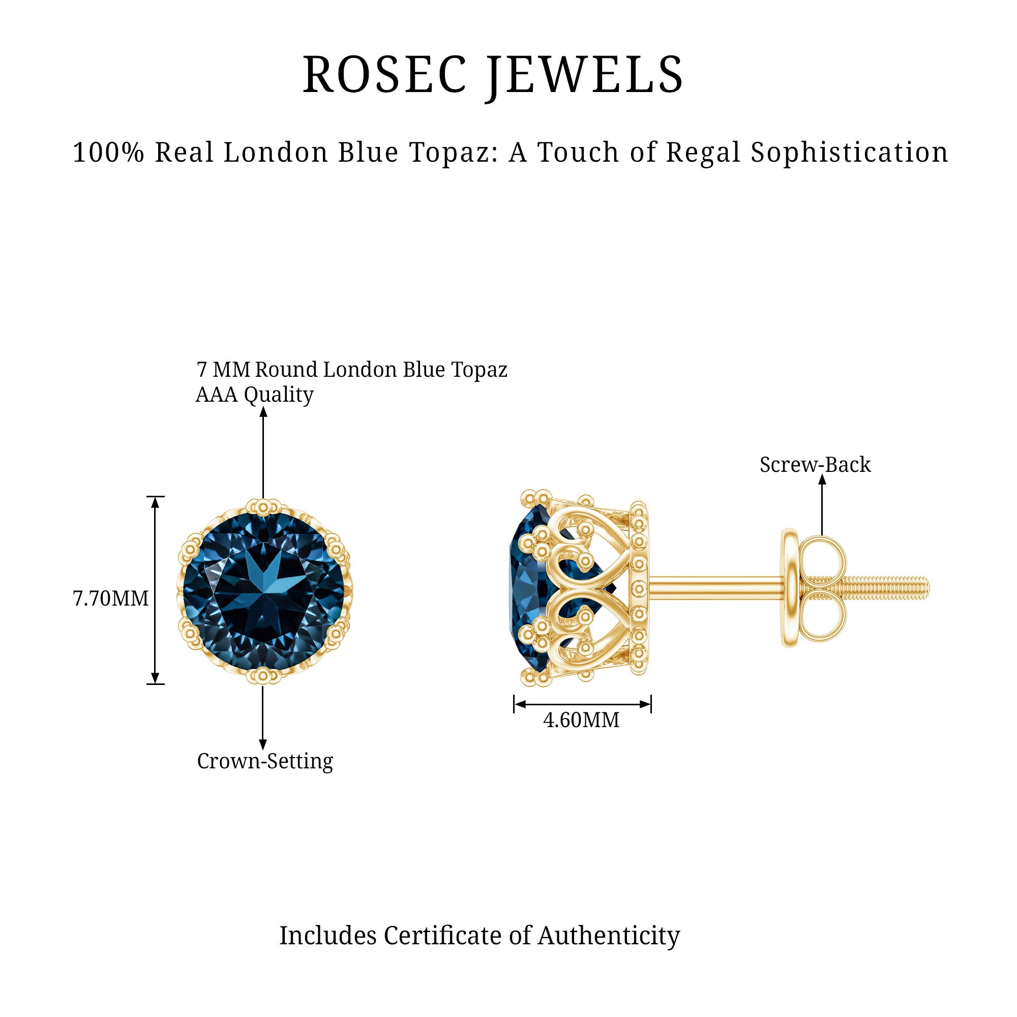 2.7 Carat Round Cut London Blue Topaz Crown Stud Earrings AAA - Rosec Jewels