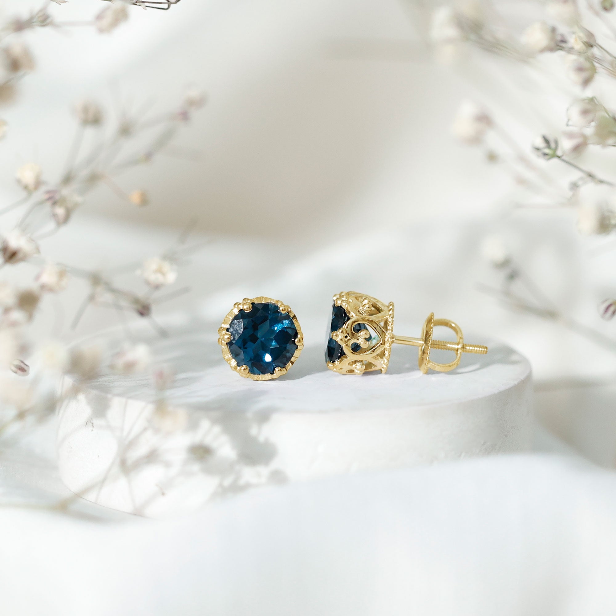 2.7 Carat Round Cut London Blue Topaz Crown Stud Earrings AAA - Rosec Jewels
