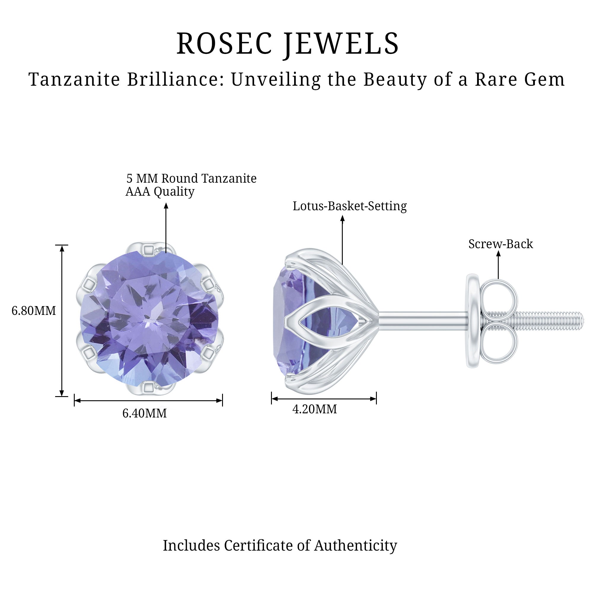 1 Carat Round Cut Tanzanite Solitaire Stud Earrings for Women AAA - Rosec Jewels