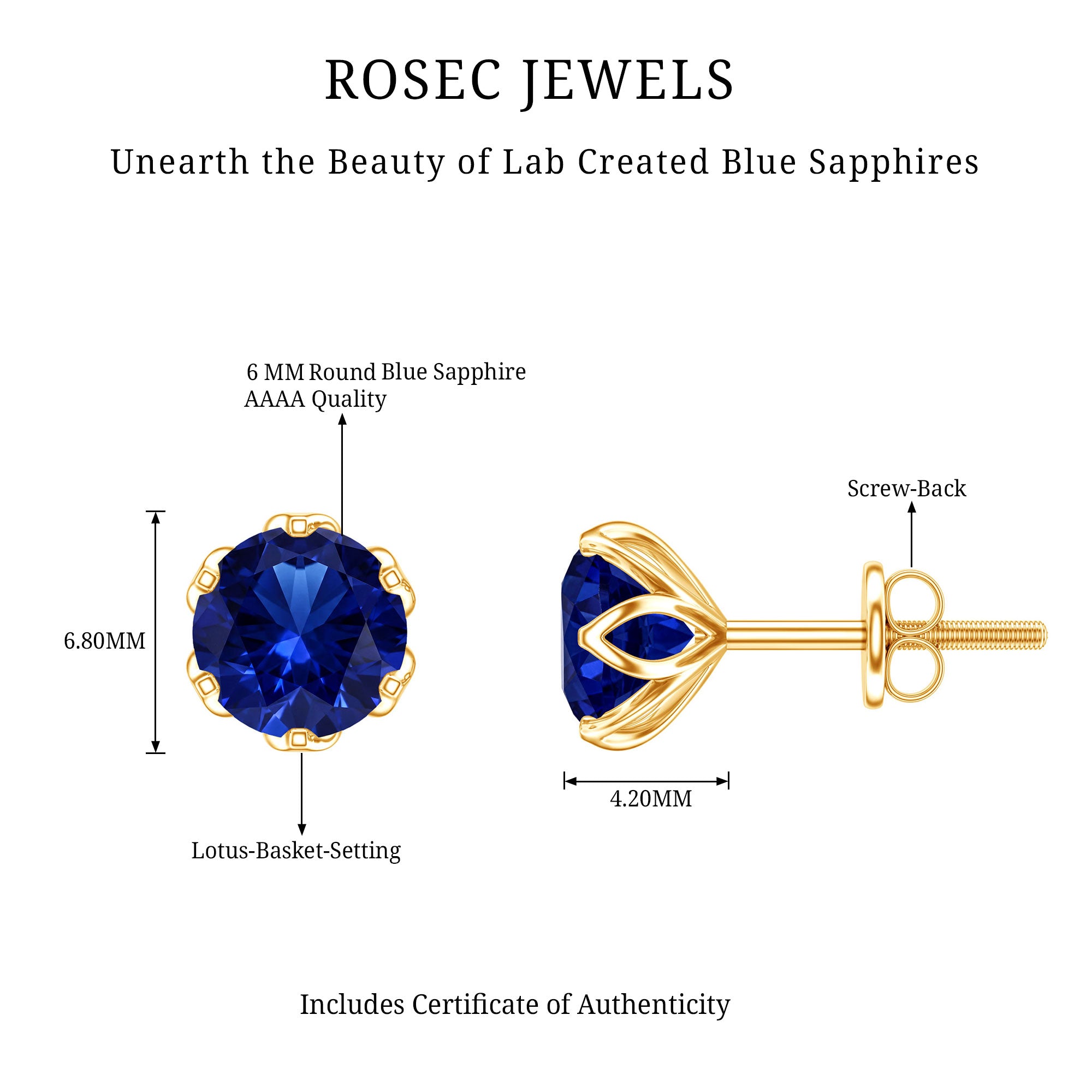 2 Carat Round Cut Lab Created Blue Sapphire Solitaire Stud Earrings AAAA - Rosec Jewels