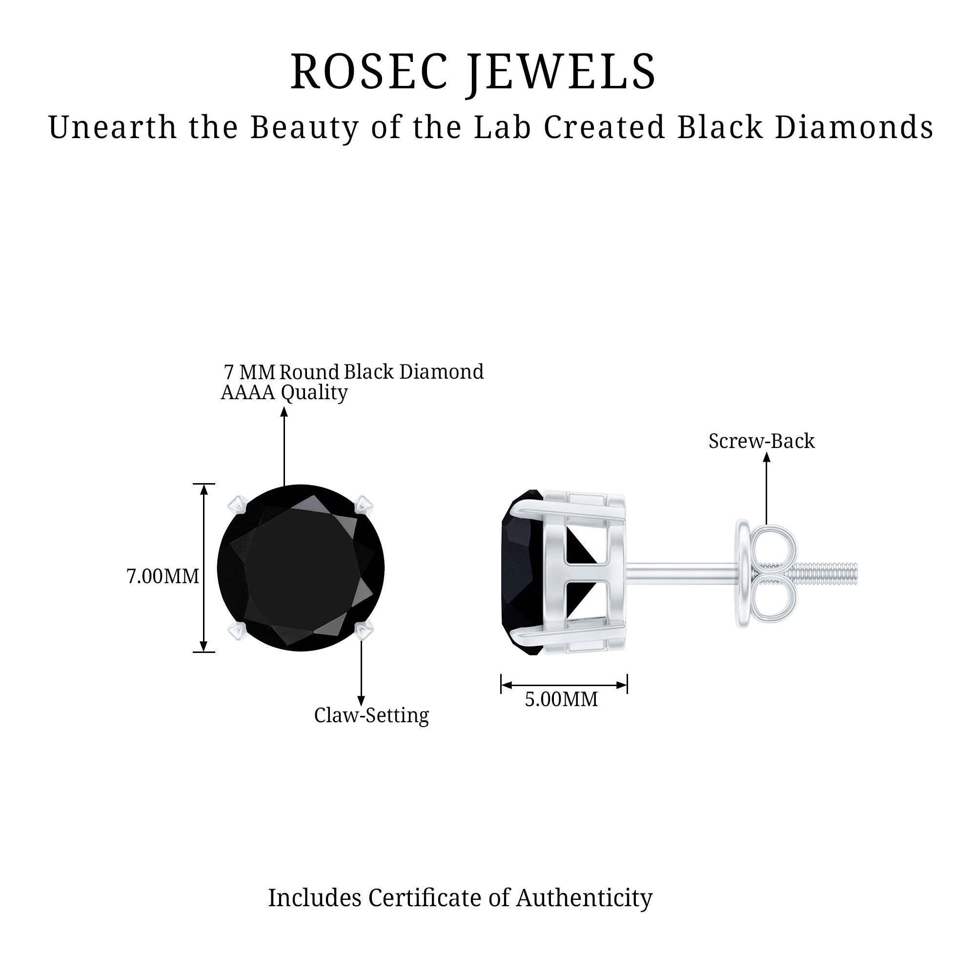 Round shape Lab Grown Black Diamond Solitaire Stud Earrings AAAA ( Synthetic ) - Rosec Jewels
