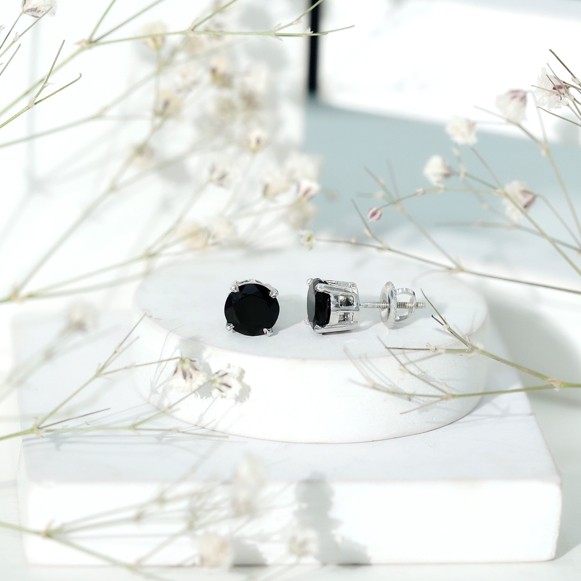 Round shape Lab Grown Black Diamond Solitaire Stud Earrings AAAA ( Synthetic ) - Rosec Jewels