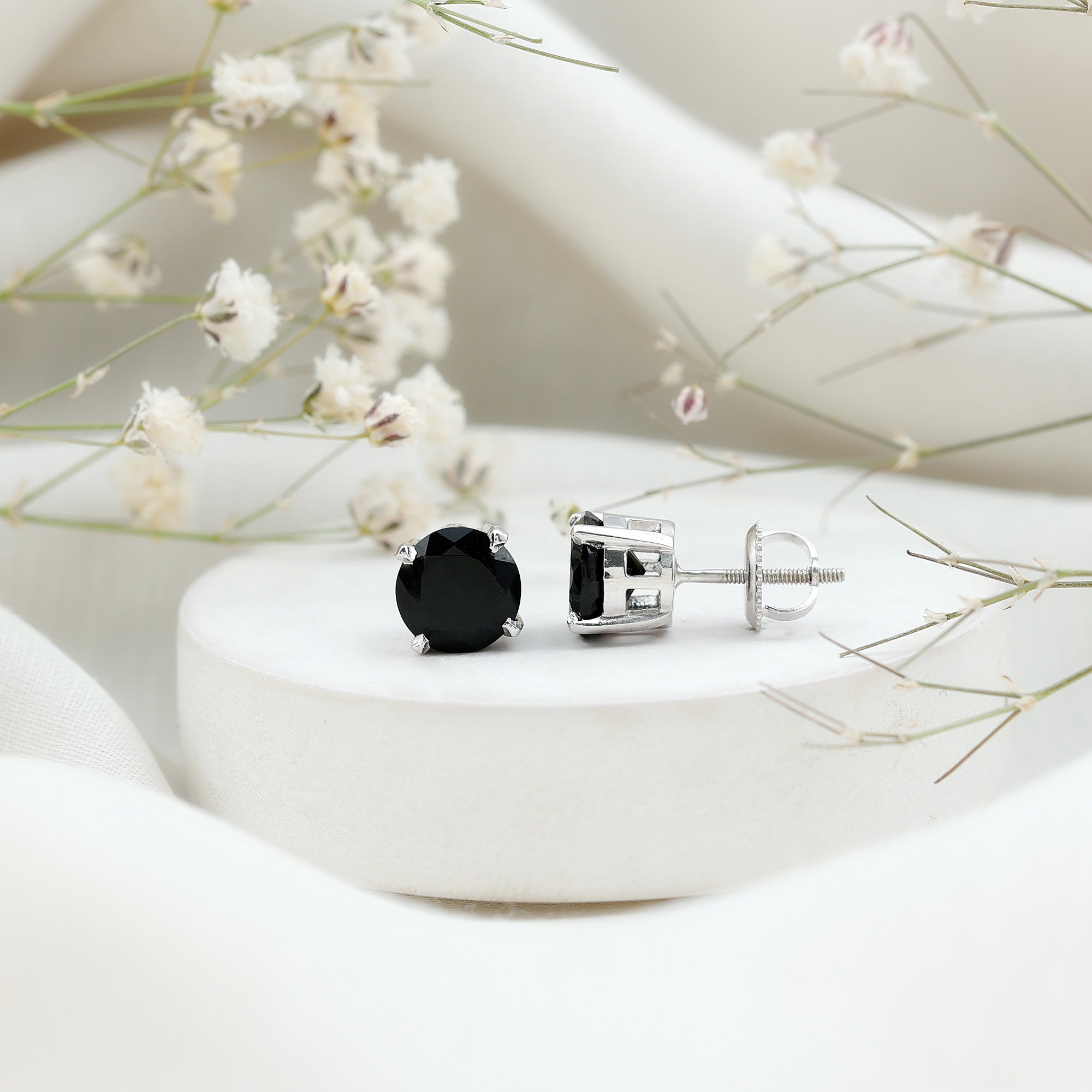 Round shape Lab Grown Black Diamond Solitaire Stud Earrings AAAA ( Synthetic ) - Rosec Jewels
