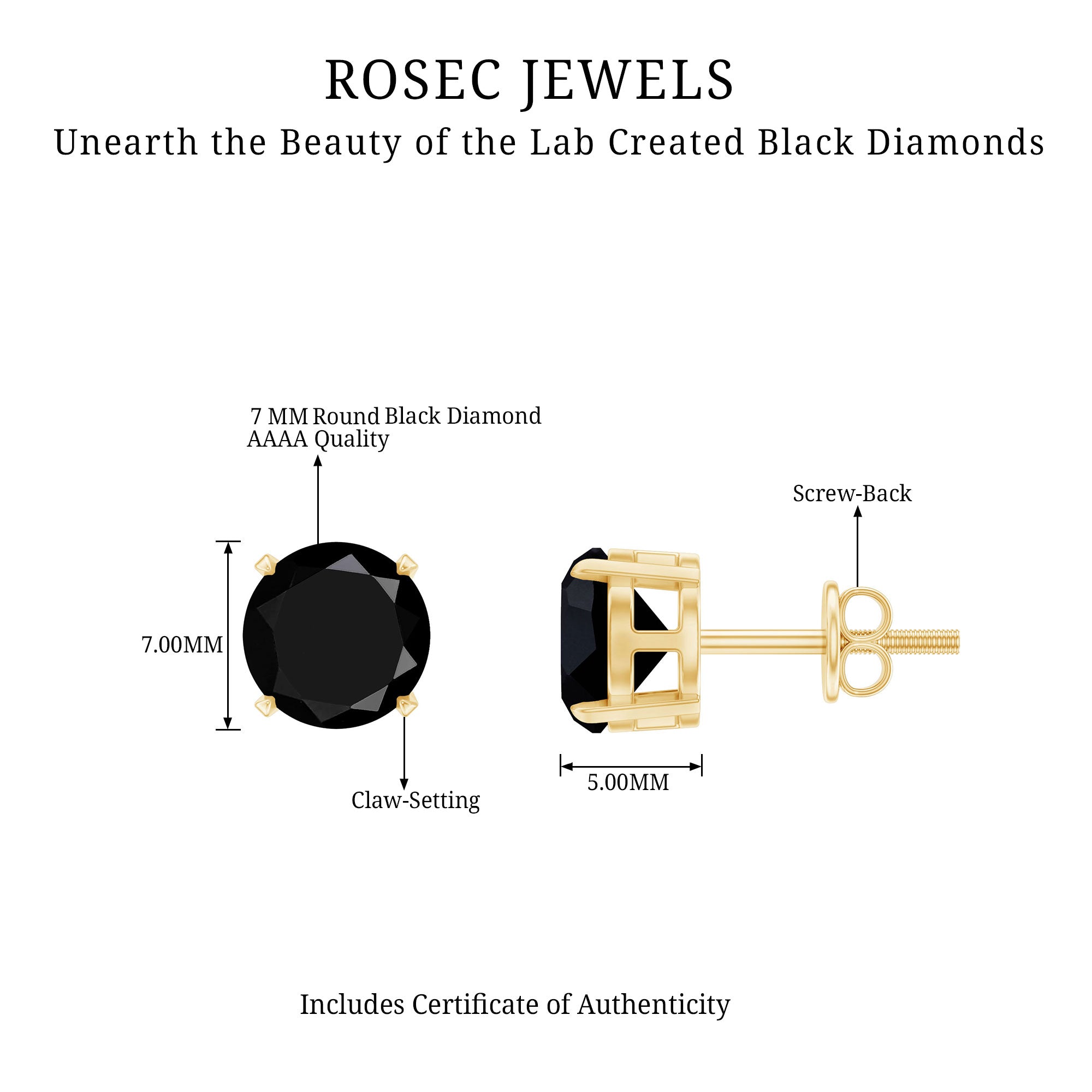 Round shape Lab Grown Black Diamond Solitaire Stud Earrings AAAA ( Synthetic ) - Rosec Jewels