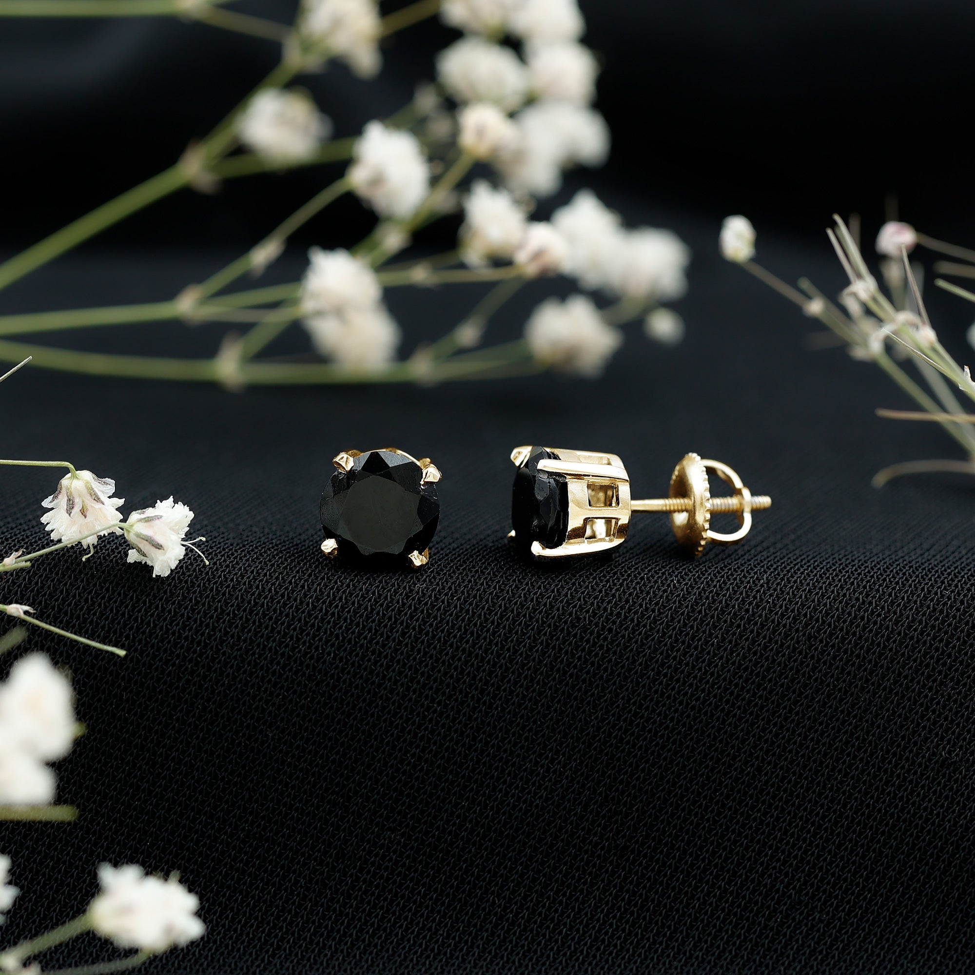 Round shape Lab Grown Black Diamond Solitaire Stud Earrings AAAA ( Synthetic ) - Rosec Jewels
