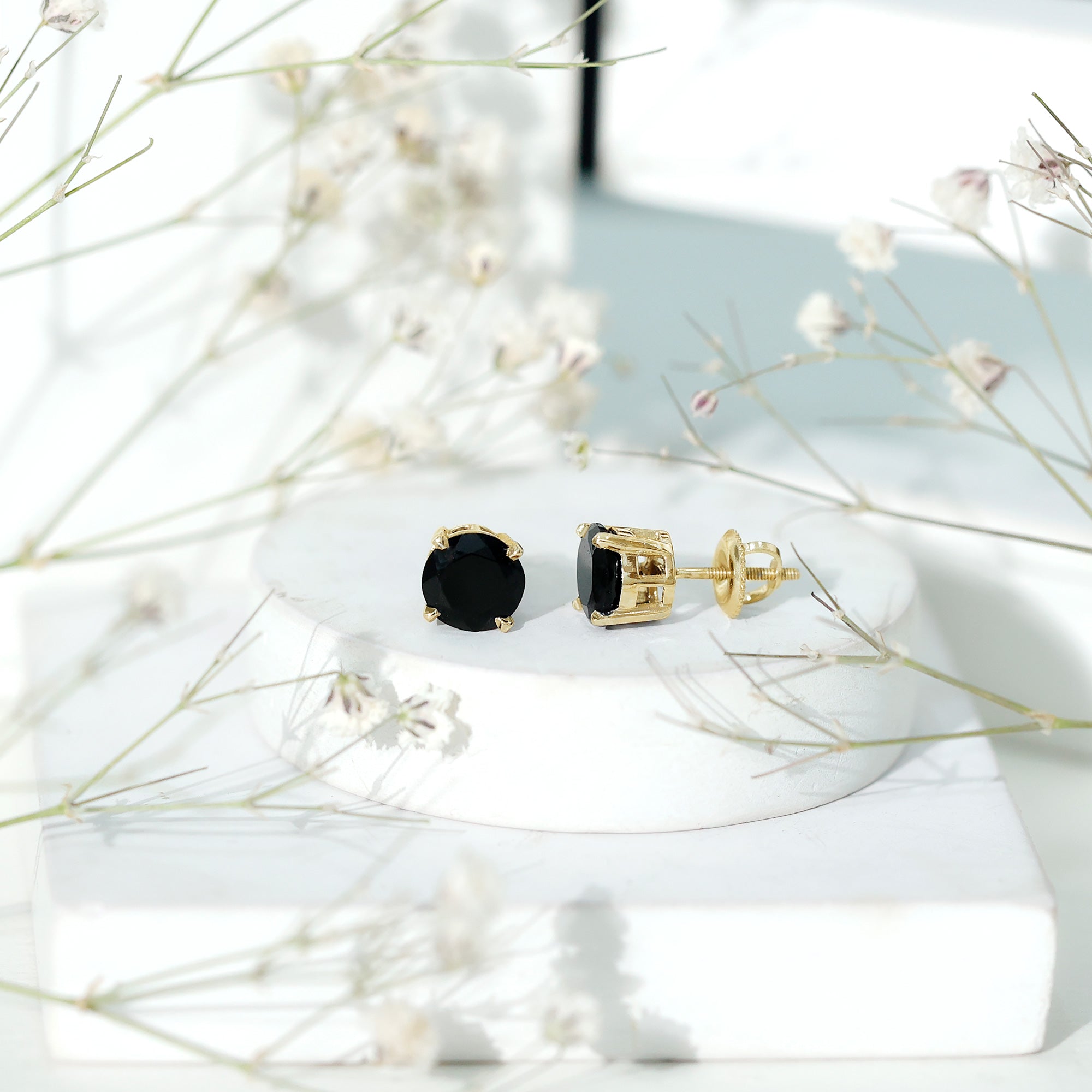Round shape Lab Grown Black Diamond Solitaire Stud Earrings AAAA ( Synthetic ) - Rosec Jewels