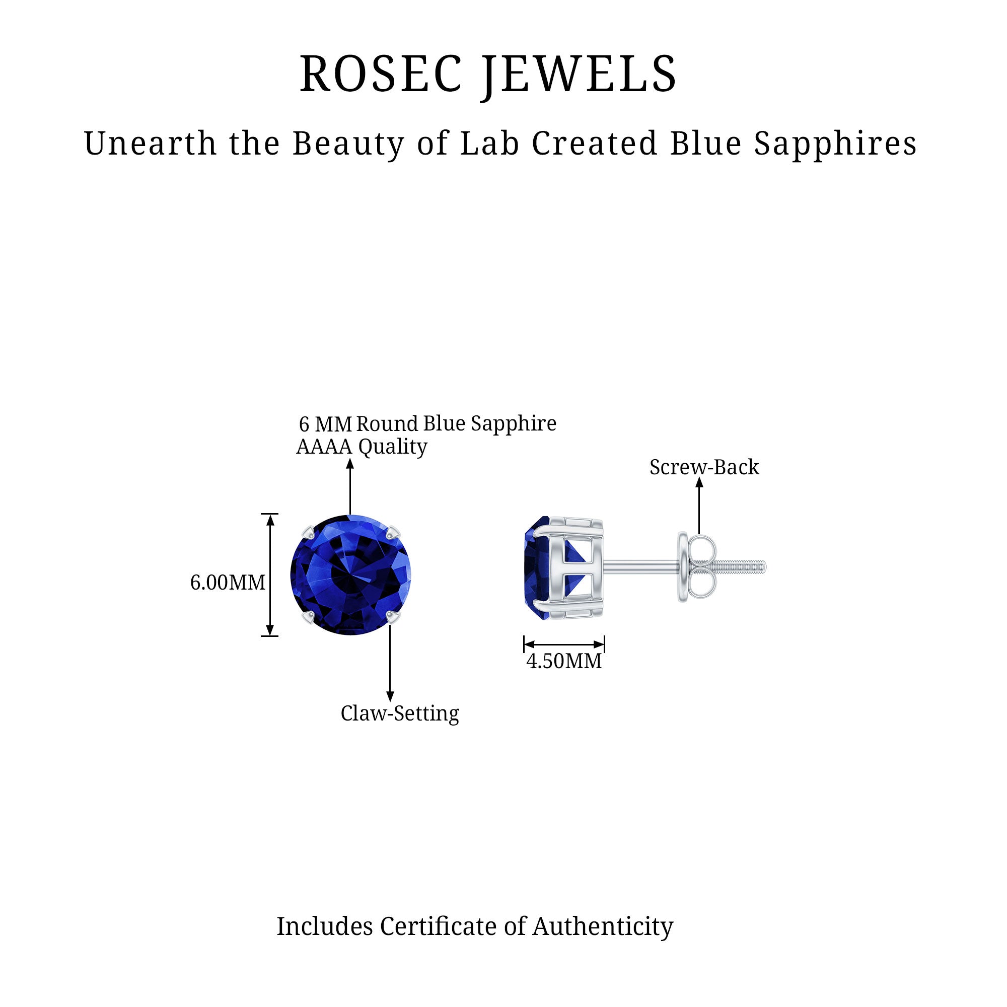 Certified Lab Created Blue Sapphire Stud Earrings in Claw Setting AAAA - Rosec Jewels