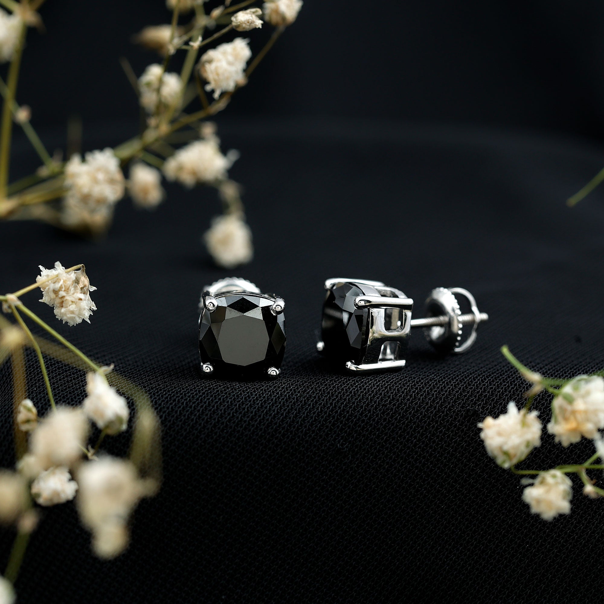 8MM Cushion Cut Created Black Diamond Stud Earrings AAAA ( Synthetic ) - Rosec Jewels