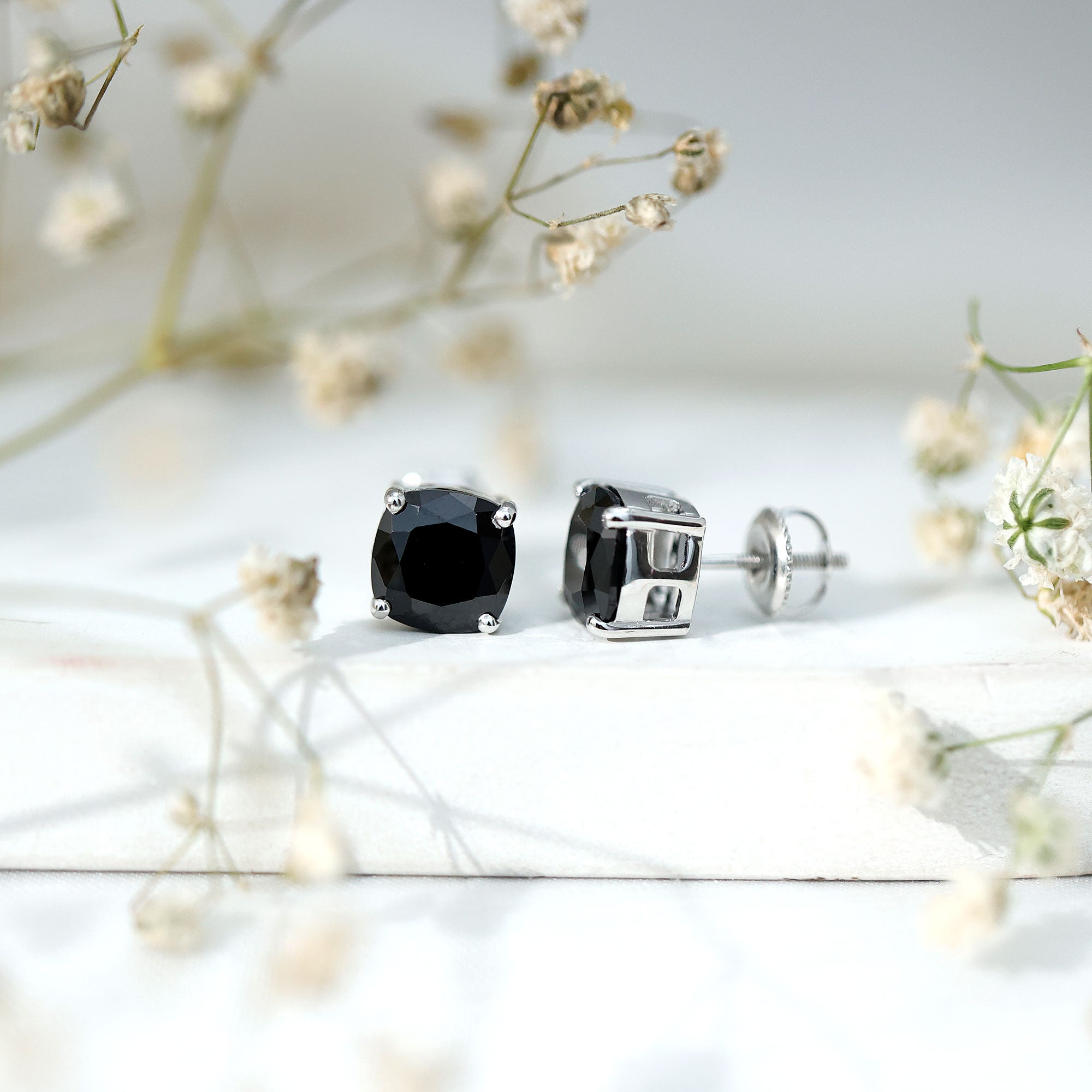 8MM Cushion Cut Created Black Diamond Stud Earrings AAAA ( Synthetic ) - Rosec Jewels