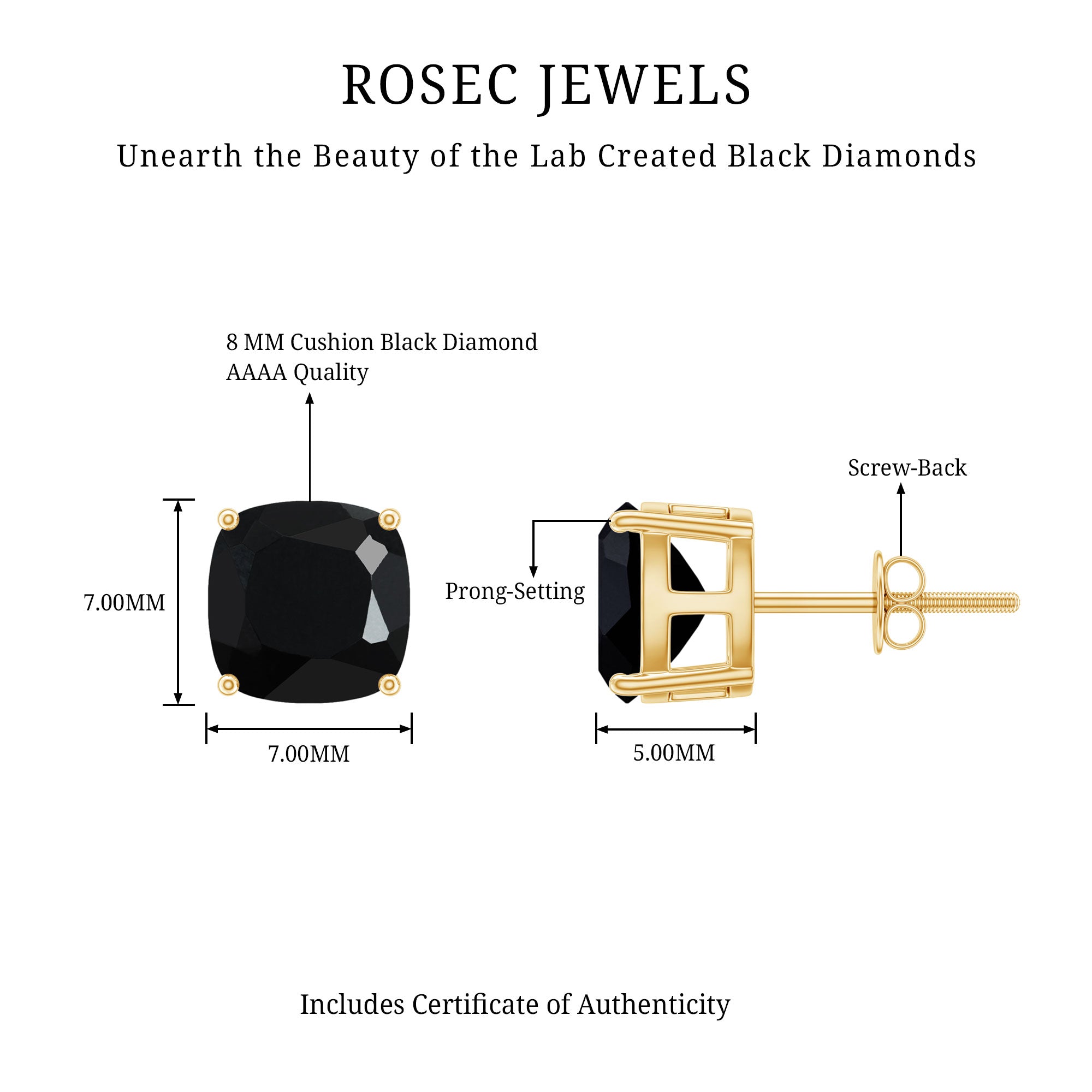8MM Cushion Cut Created Black Diamond Stud Earrings AAAA ( Synthetic ) - Rosec Jewels