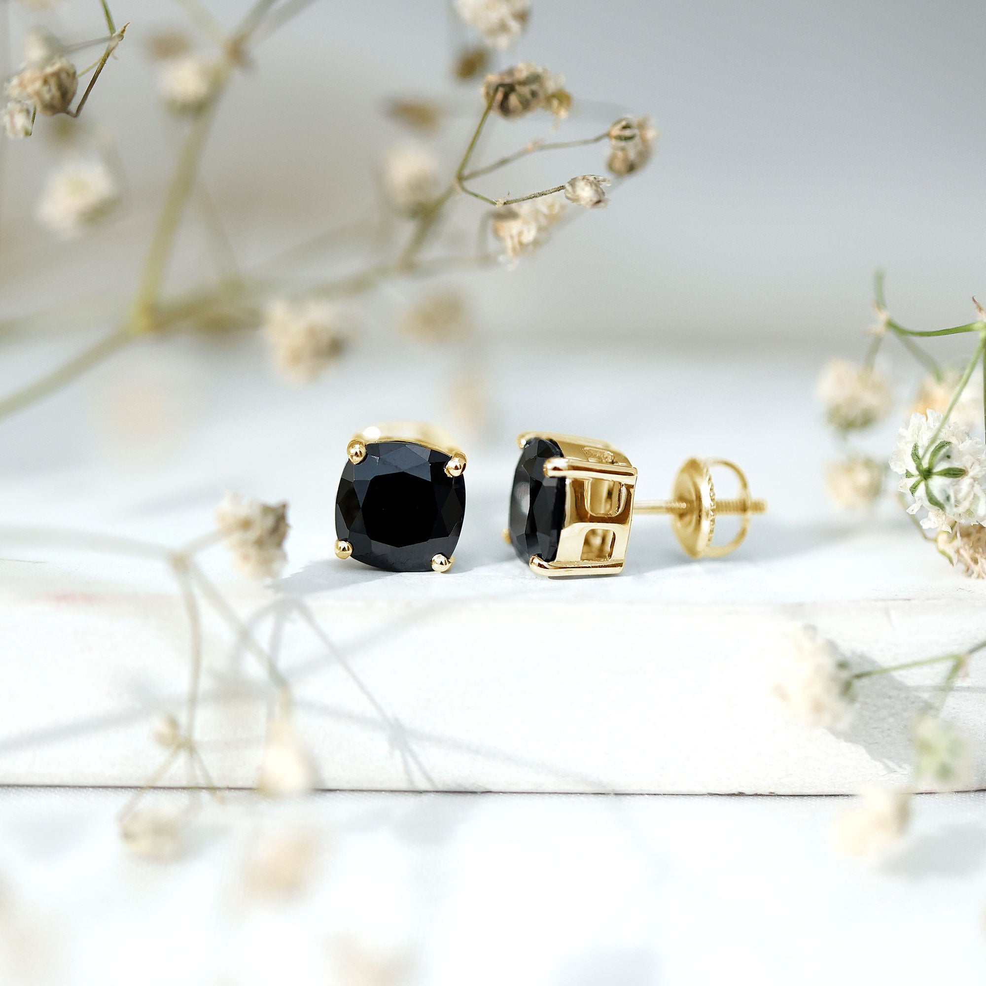 8MM Cushion Cut Created Black Diamond Stud Earrings AAAA ( Synthetic ) - Rosec Jewels