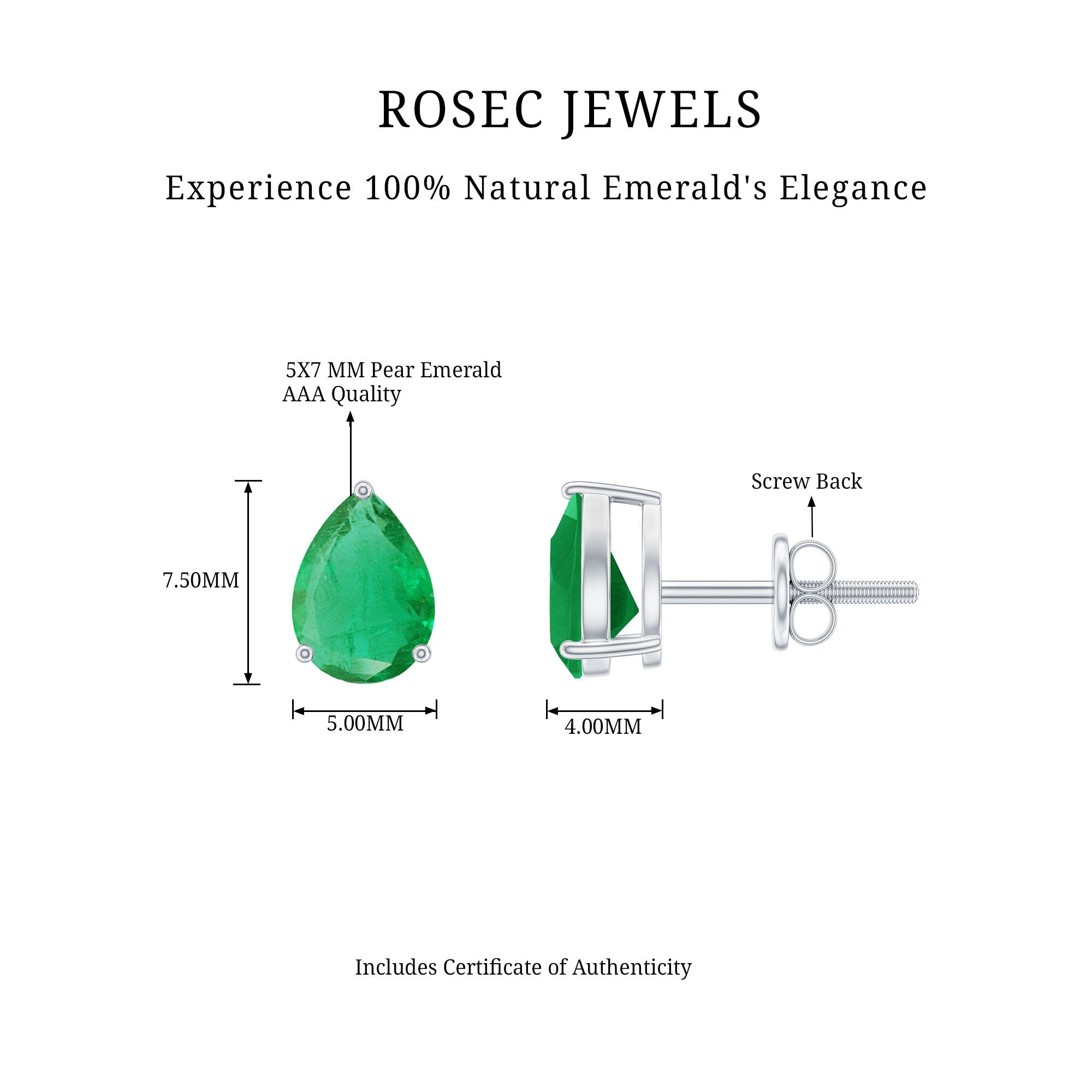 1.3 Carat Pear Cut Emerald Solitaire Stud Earrings AAA - Rosec Jewels