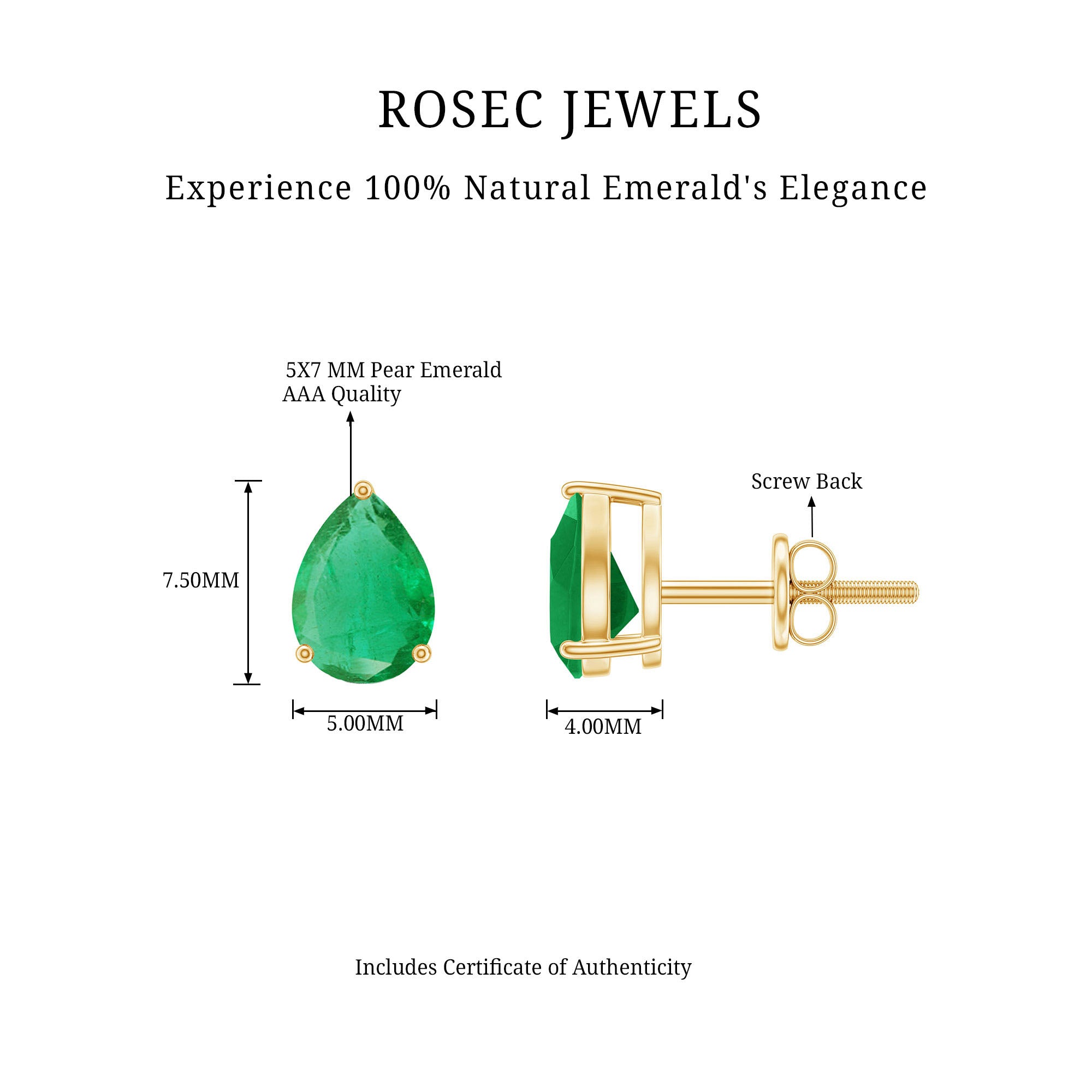 1.3 Carat Pear Cut Emerald Solitaire Stud Earrings AAA - Rosec Jewels