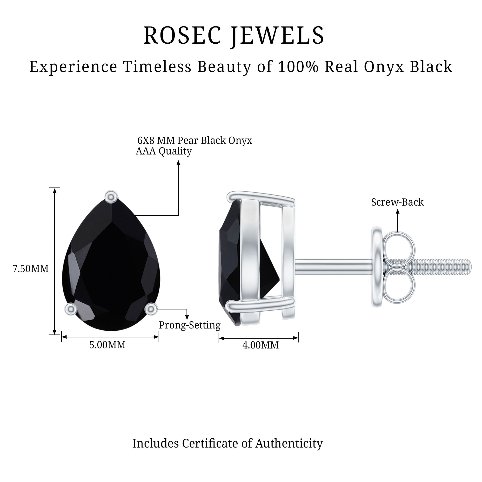 2 Carat Pear Shape Black Onyx Solitaire Stud Earrings AAA - Rosec Jewels