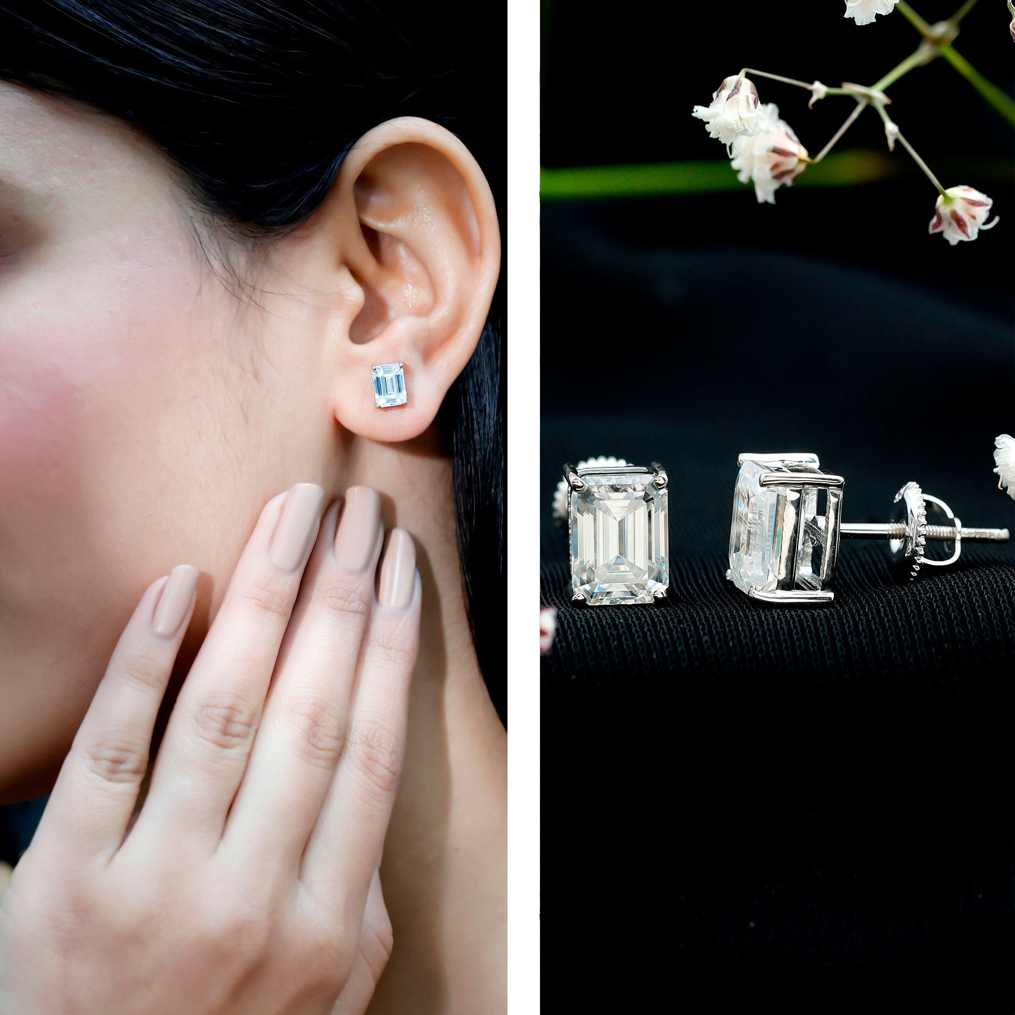 Certified Moissanite Emerald Cut Stud Earrings For Women D-VS1 - Rosec Jewels