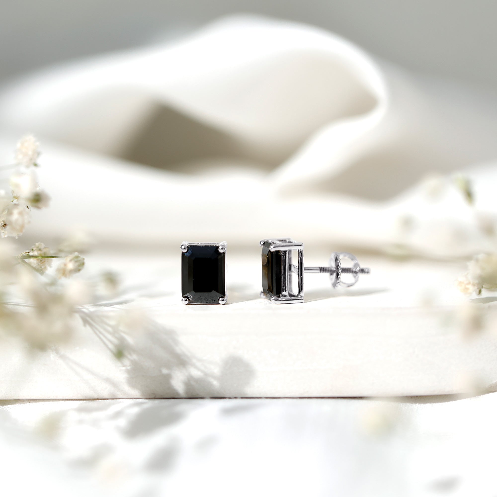 3.36 Carat Lab Created Black Diamond Emerald Cut Stud Earrings AAAA ( Synthetic ) - Rosec Jewels