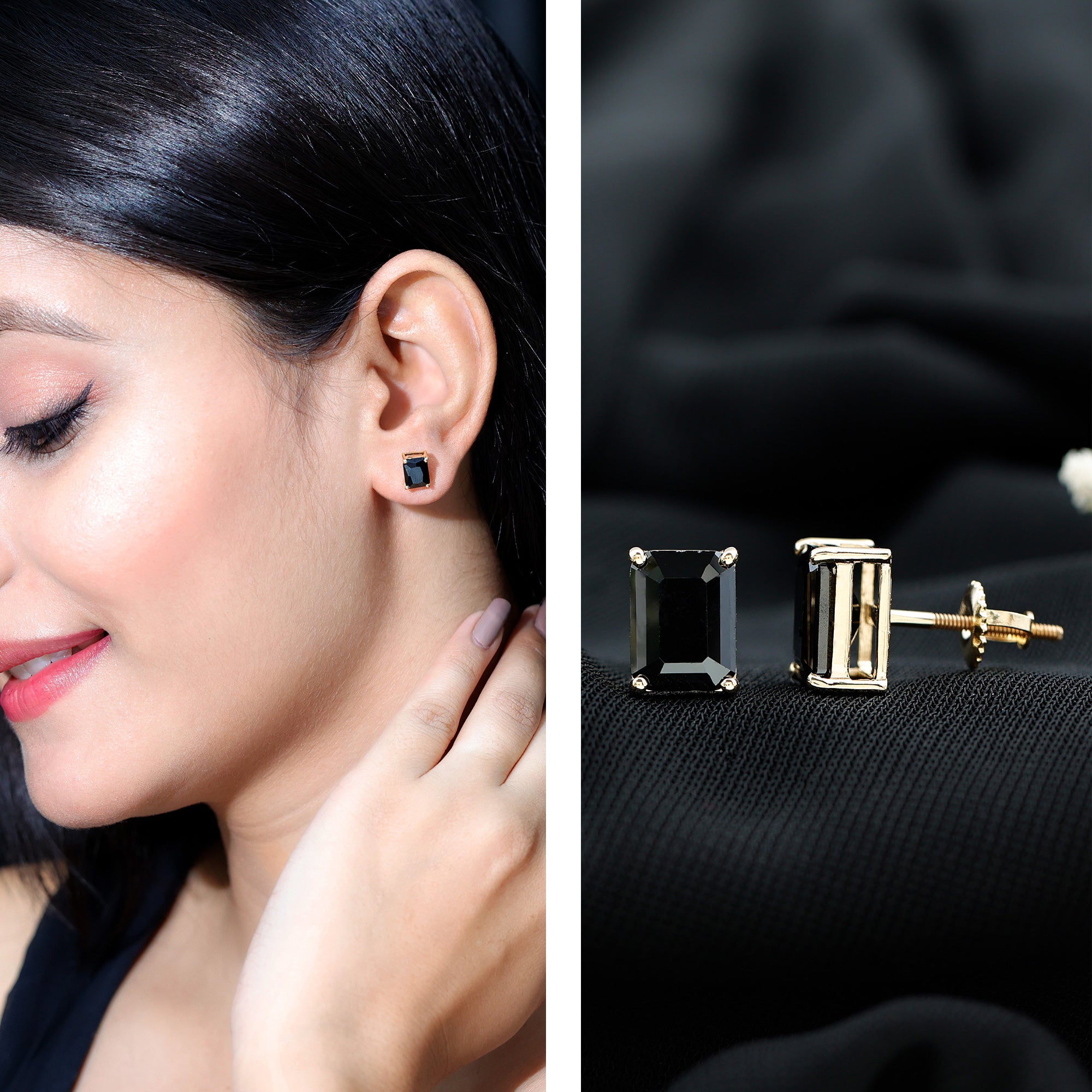 3.36 Carat Lab Created Black Diamond Emerald Cut Stud Earrings AAAA ( Synthetic ) - Rosec Jewels
