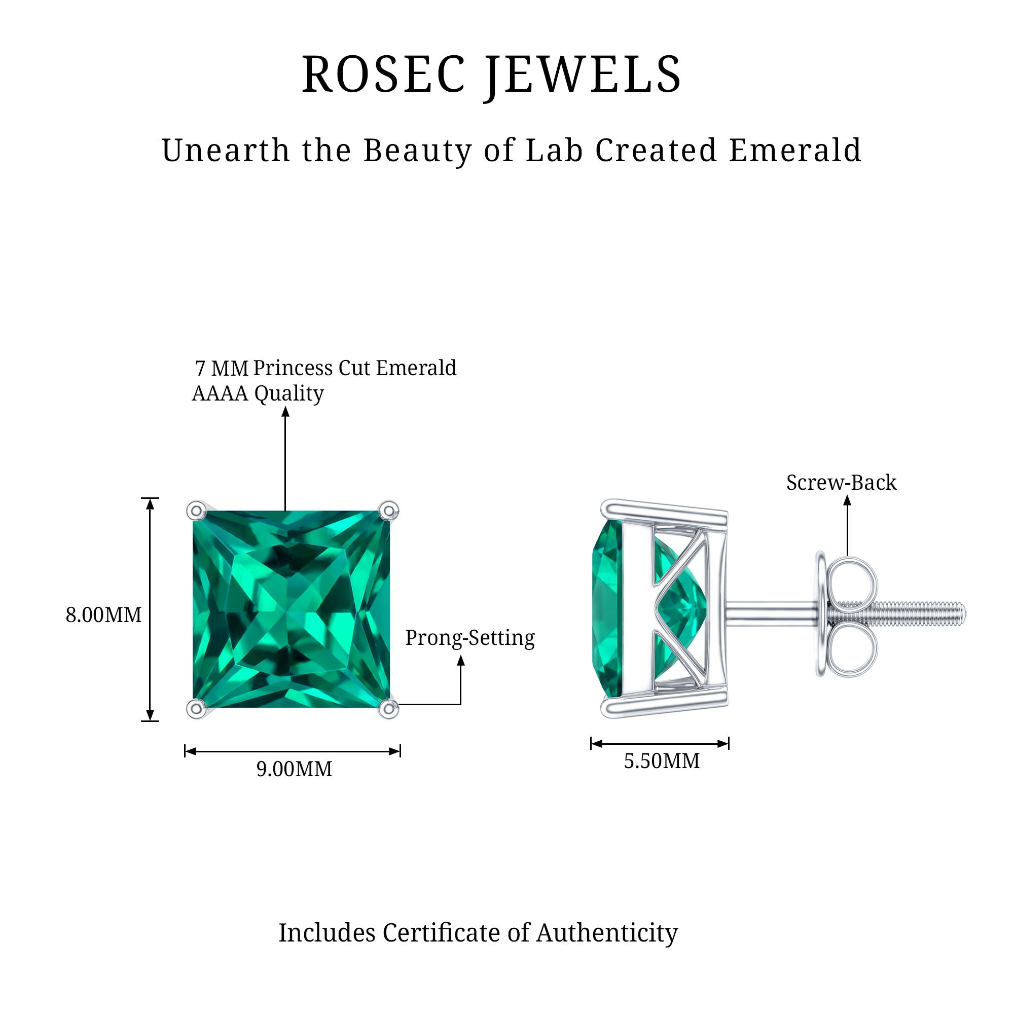 4 Carat Princess Cut Lab Grown Emerald Solitaire Stud Earrings AAAA - Rosec Jewels