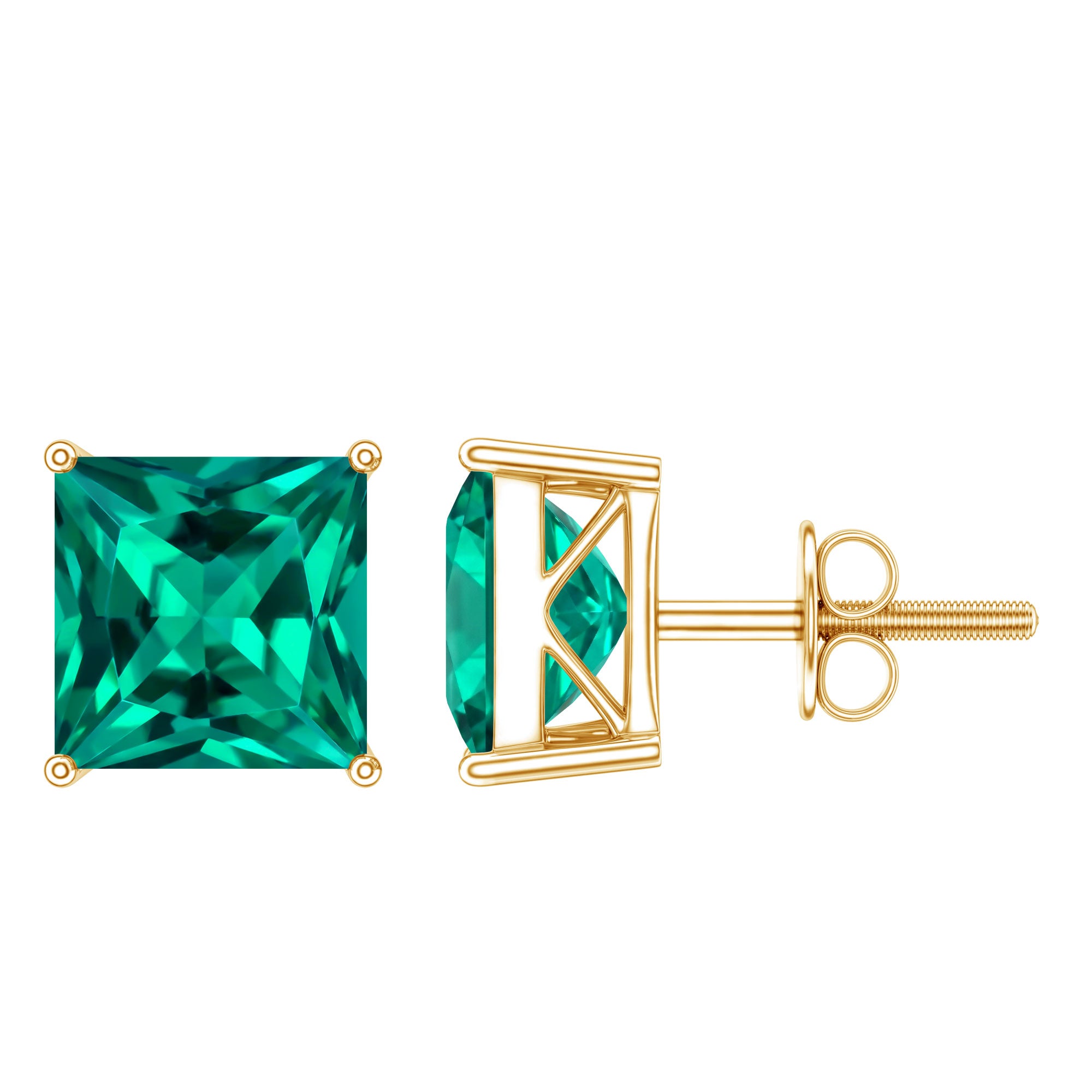 4 Carat Princess Cut Lab Grown Emerald Solitaire Stud Earrings AAAA - Rosec Jewels