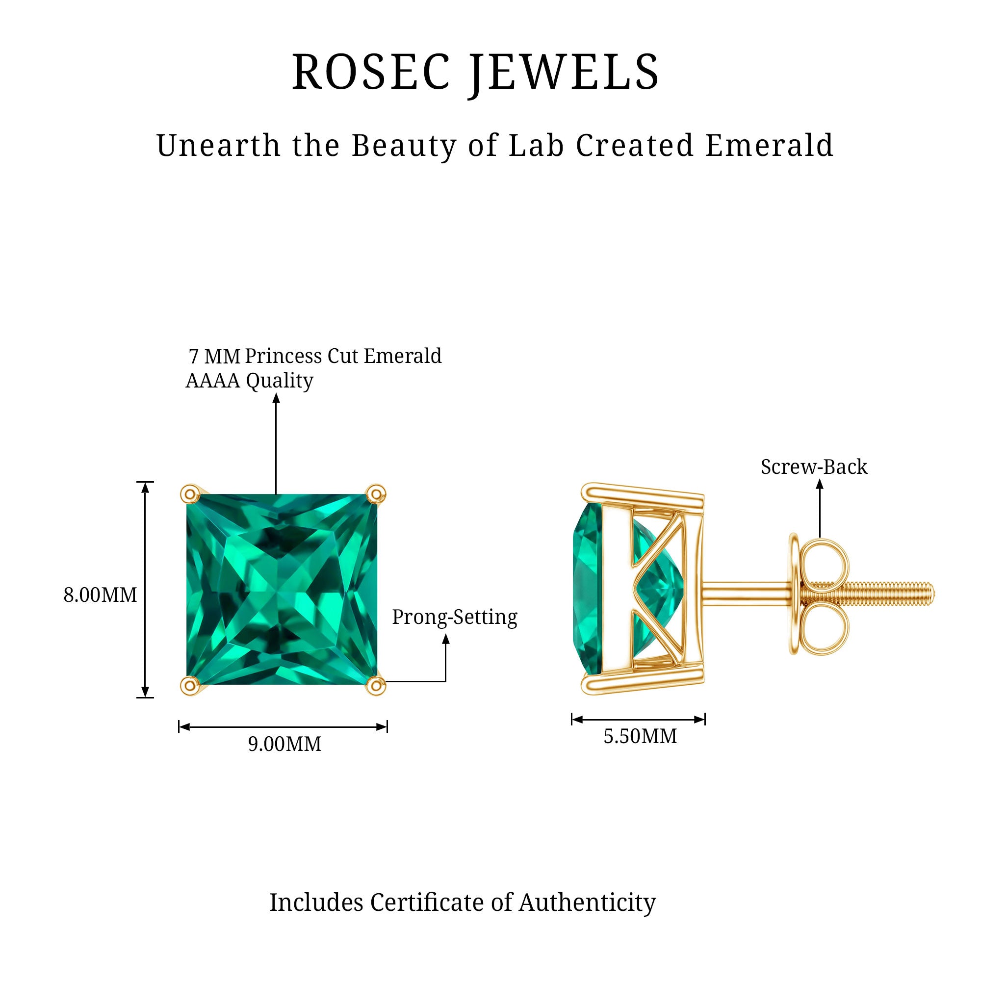 4 Carat Princess Cut Lab Grown Emerald Solitaire Stud Earrings AAAA - Rosec Jewels