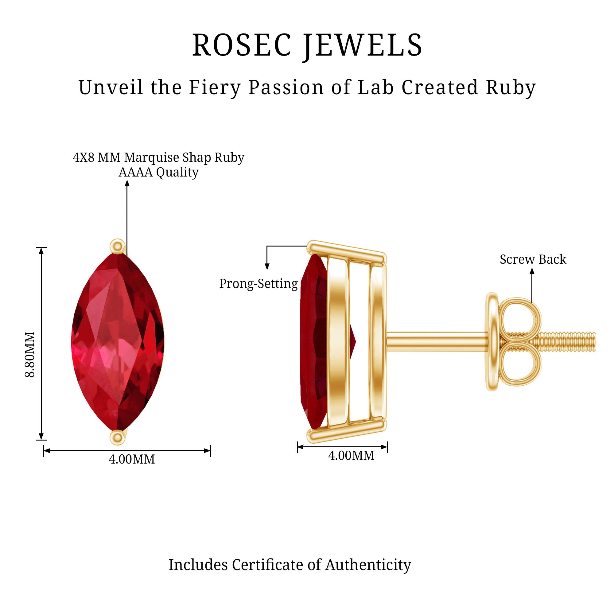 1.5 Carat Marquise Cut Lab Grown Ruby Stud Earrings AAAA - Rosec Jewels