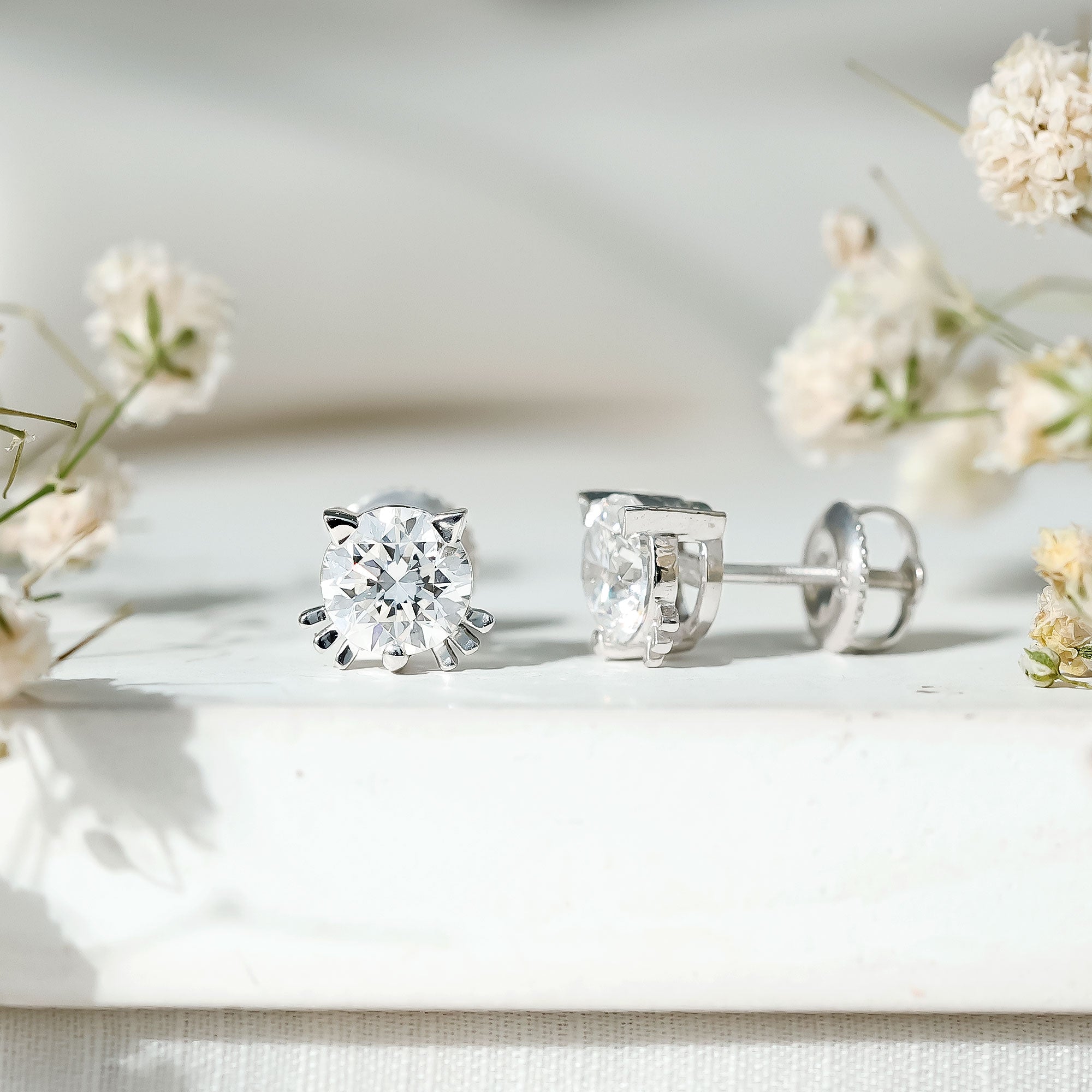 Dainty Round Shape Moissanite Cat Stud Earrings D-VS1 - Rosec Jewels