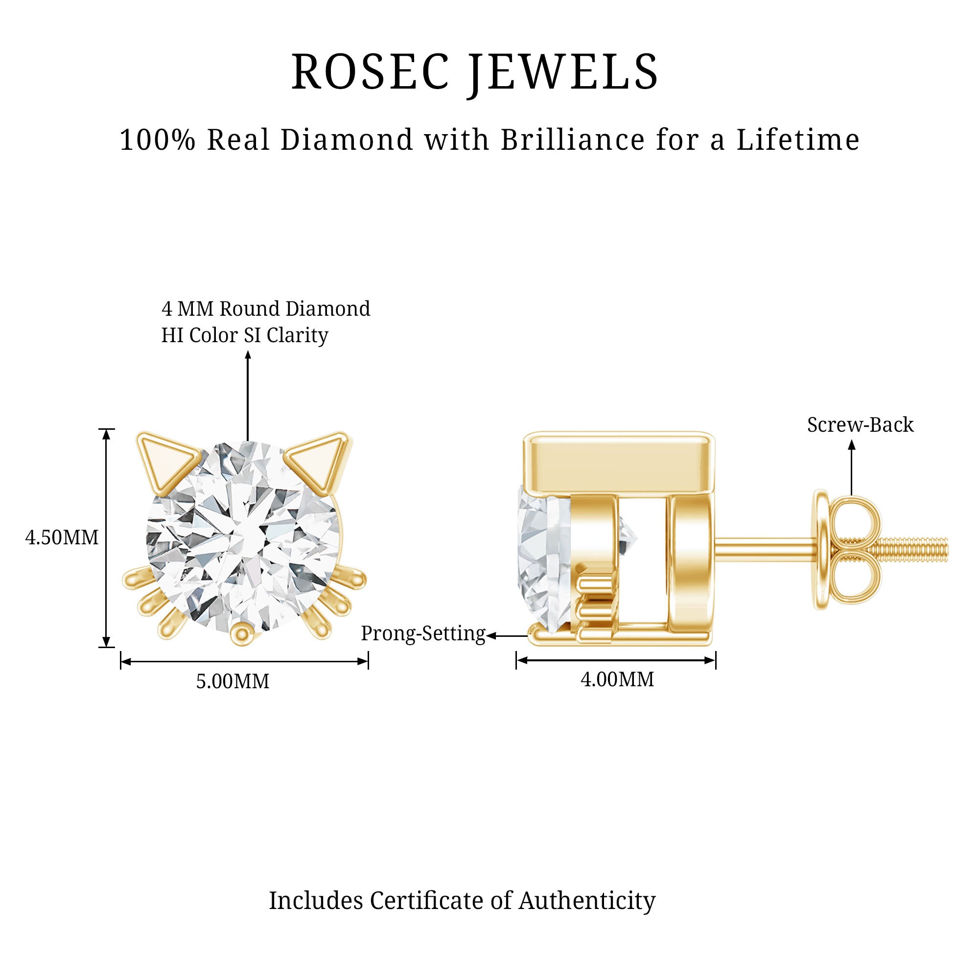 Natural Diamond Cat Stud Earrings Natural - ( HI-SI ) - Rosec Jewels