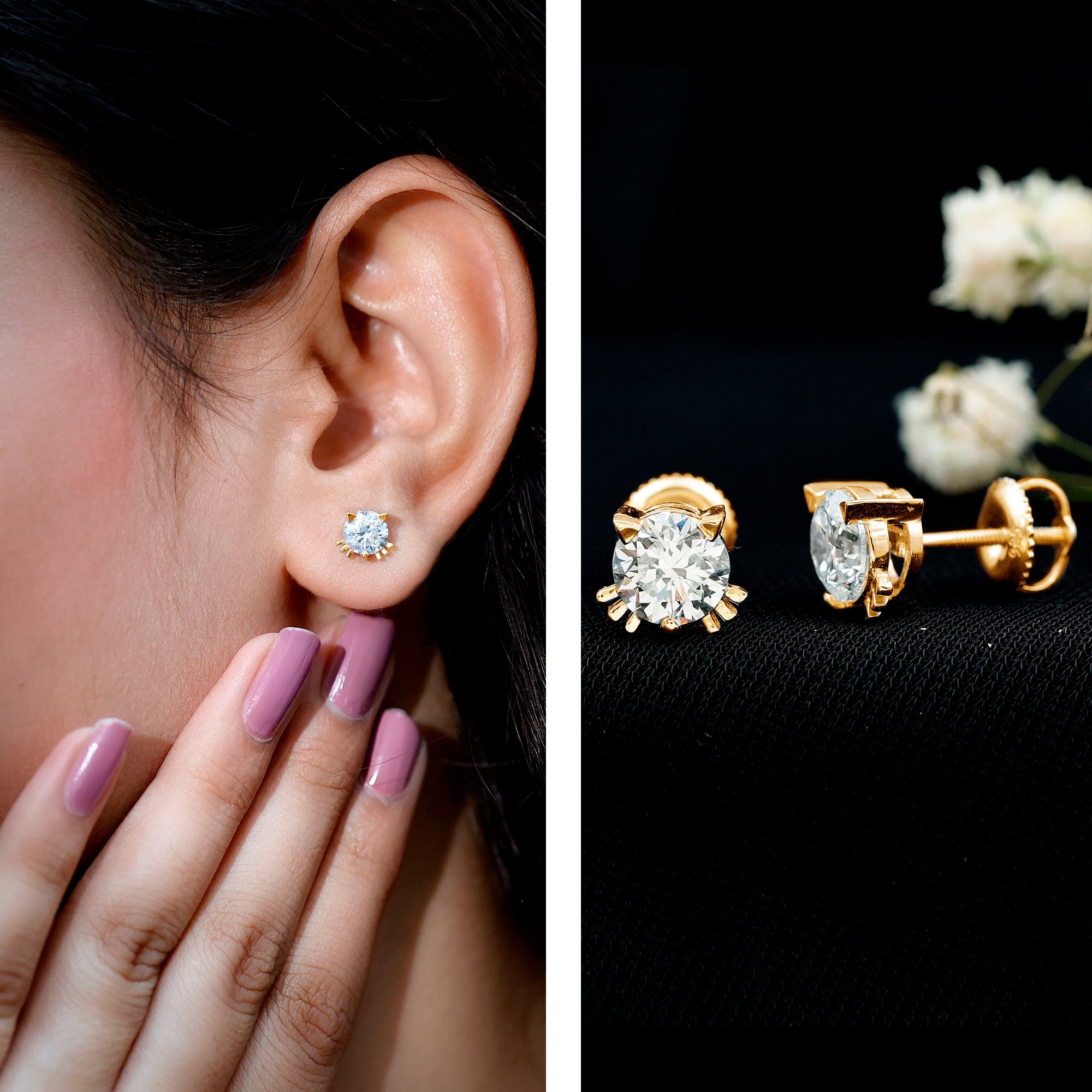 Natural Diamond Cat Stud Earrings Natural - ( HI-SI ) - Rosec Jewels