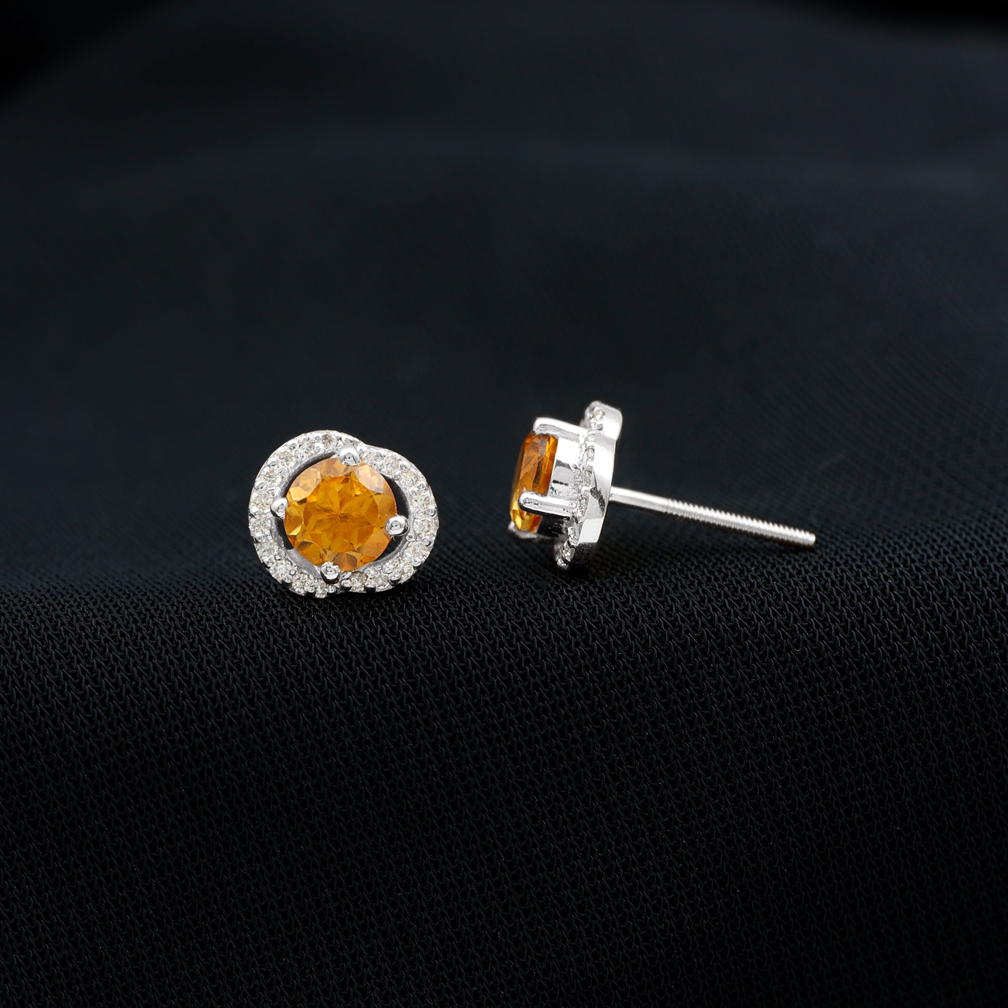 Round Citrine and Diamond Stud Earrings AAA - Rosec Jewels