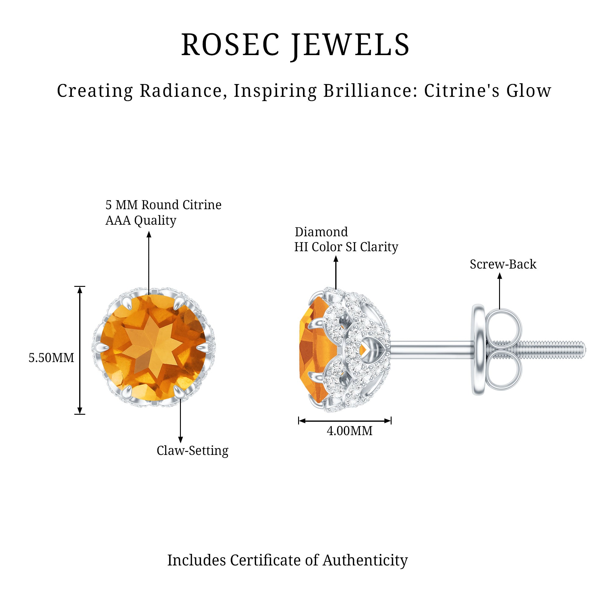 Designer Citrine Diamond Stud Earrings with Screw Back AAA - Rosec Jewels