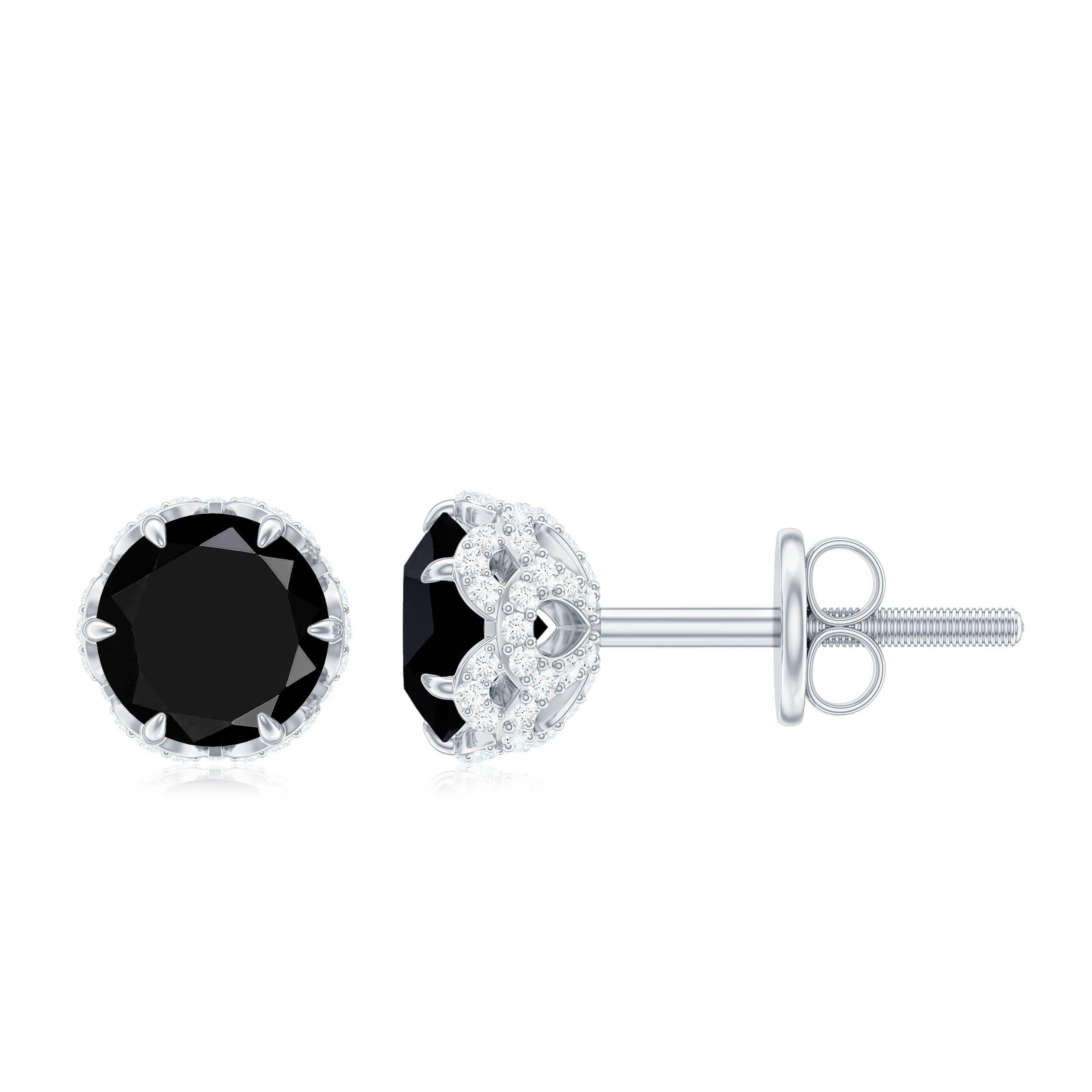 1 Carat Black Spinel Stud Earrings with Diamond Accent AAA - Rosec Jewels