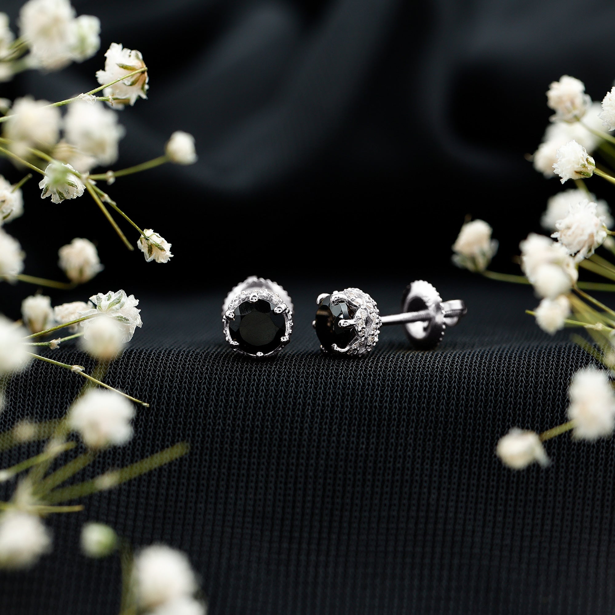 1 Carat Black Spinel Stud Earrings with Diamond Accent AAA - Rosec Jewels