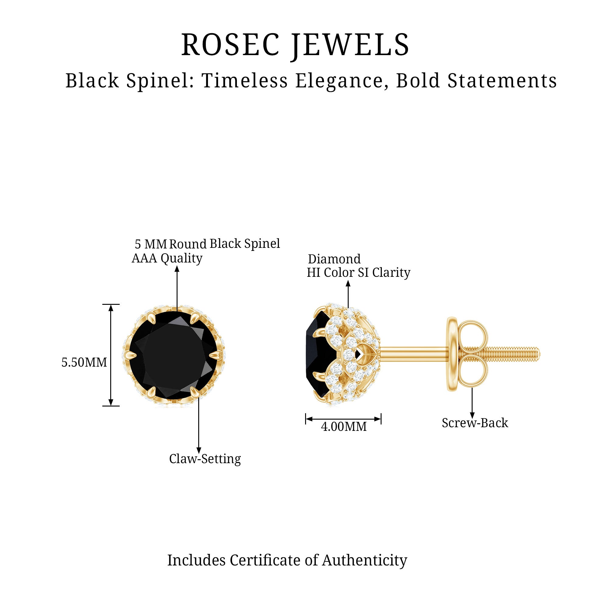 1 Carat Black Spinel Stud Earrings with Diamond Accent AAA - Rosec Jewels