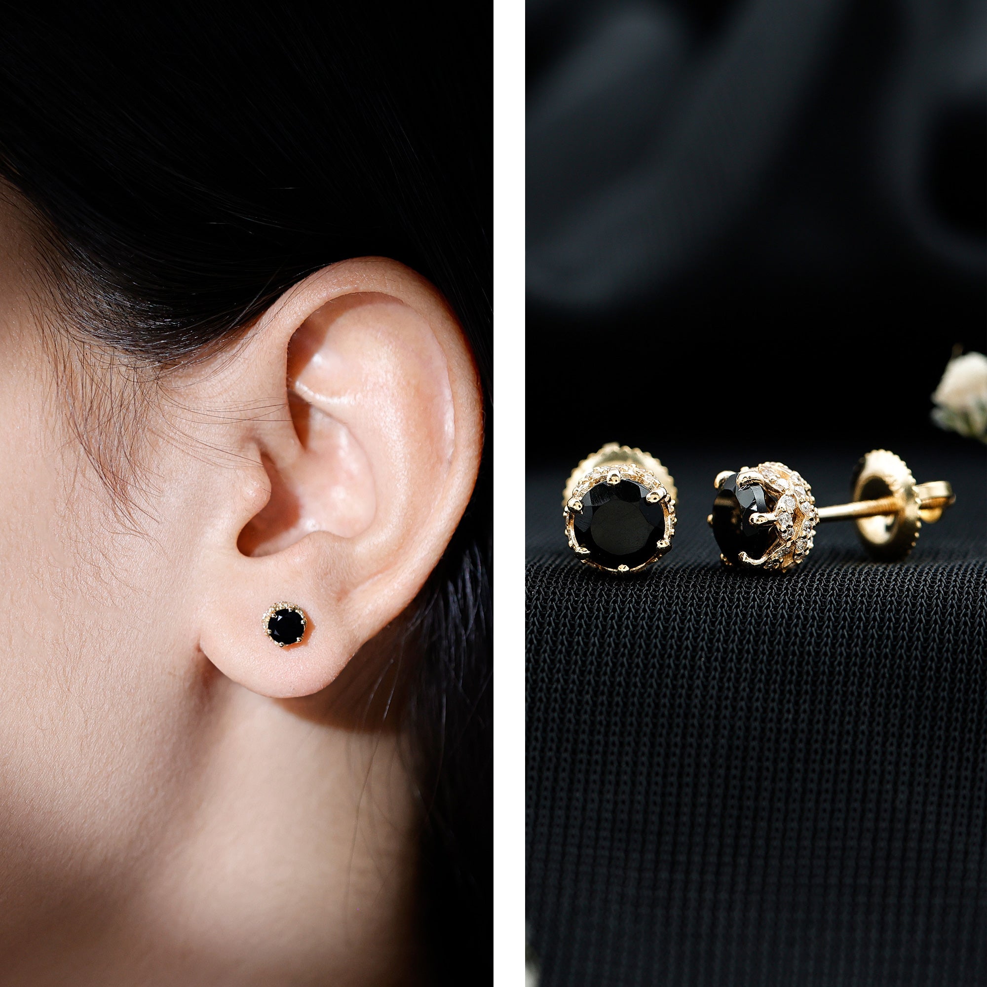 1 Carat Black Spinel Stud Earrings with Diamond Accent AAA - Rosec Jewels