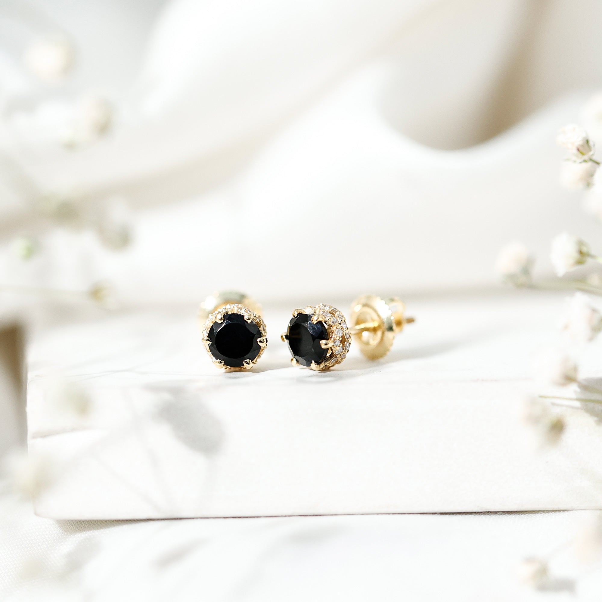 1 Carat Black Spinel Stud Earrings with Diamond Accent AAA - Rosec Jewels
