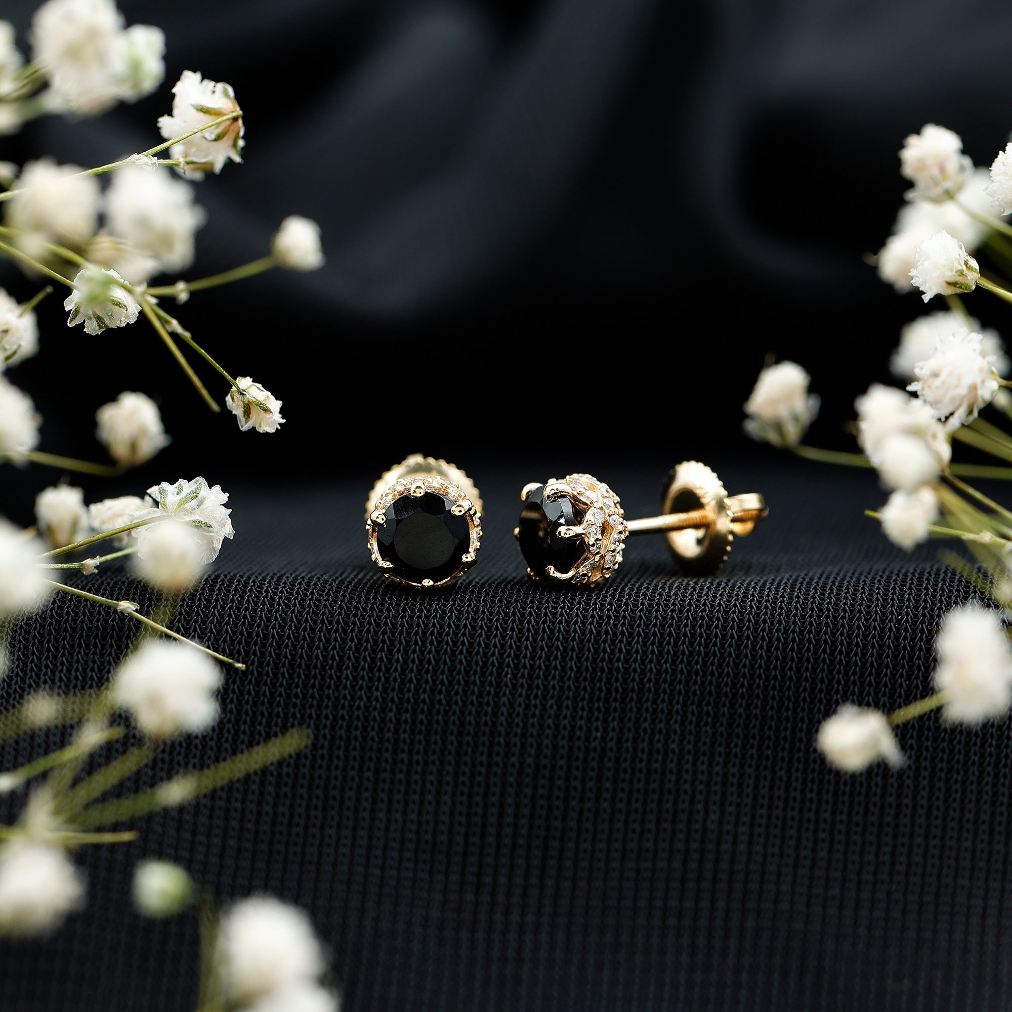 1 Carat Black Spinel Stud Earrings with Diamond Accent AAA - Rosec Jewels