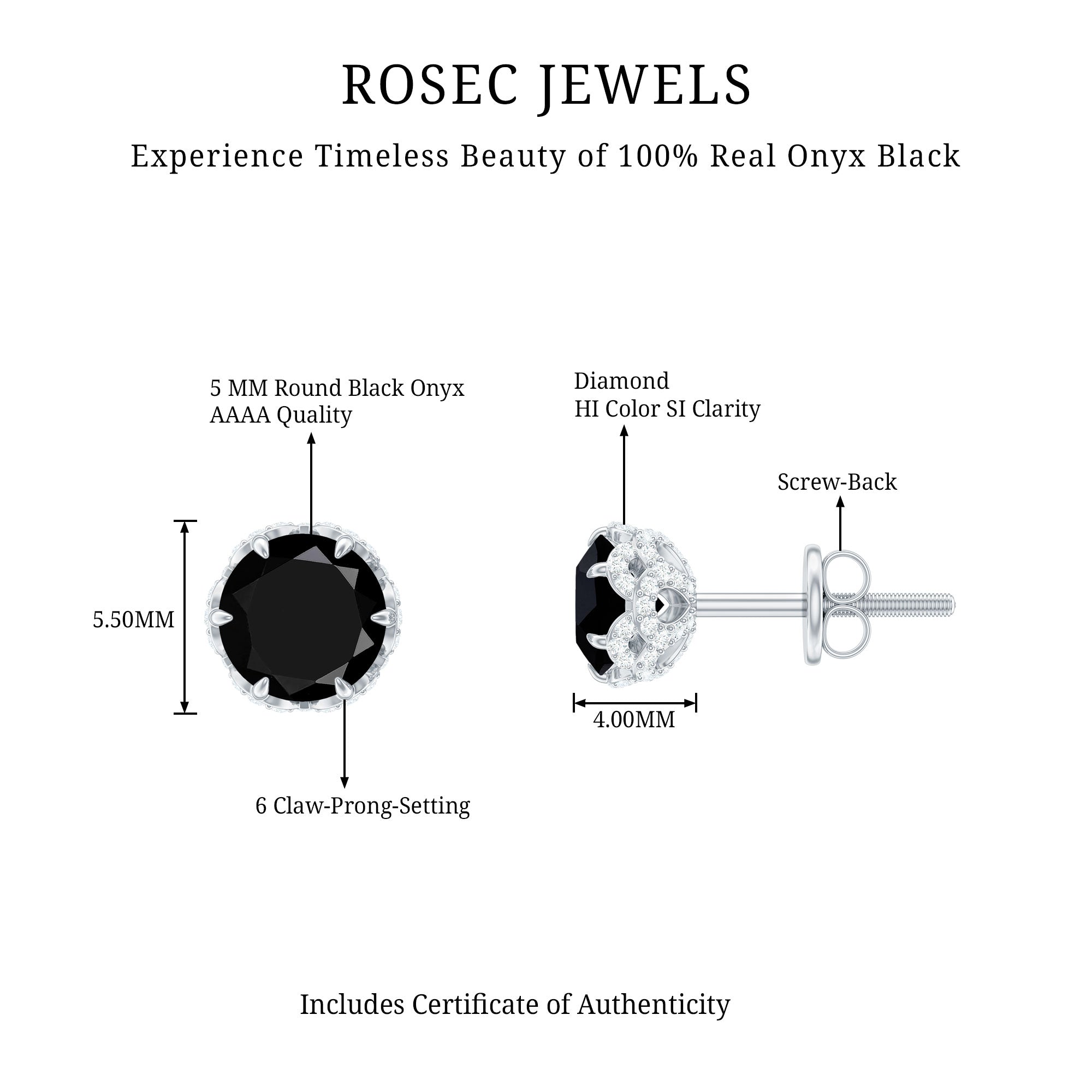 Black Onyx Wedding Stud Earrings with Diamonds AAA - Rosec Jewels