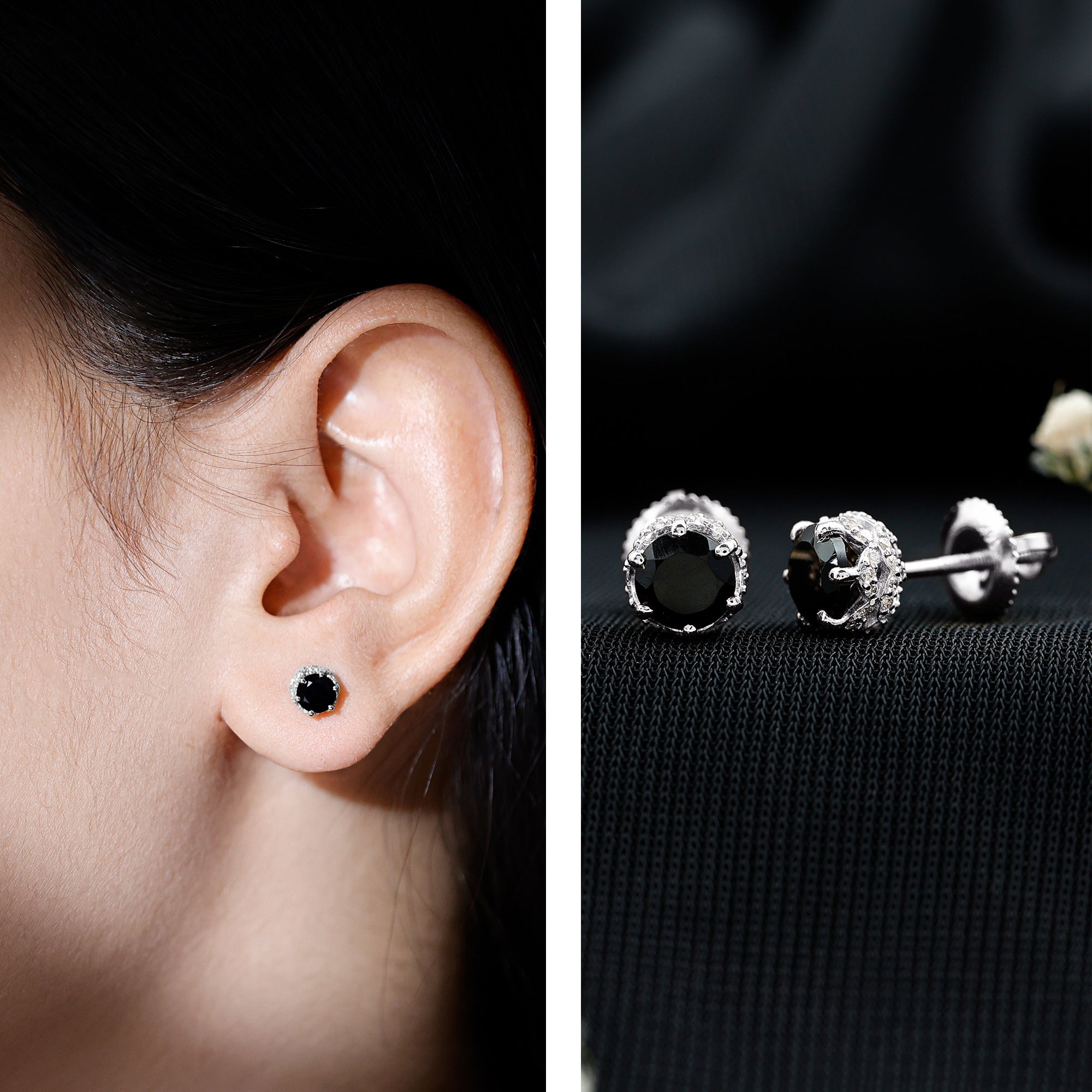 Black Onyx Wedding Stud Earrings with Diamonds AAA - Rosec Jewels