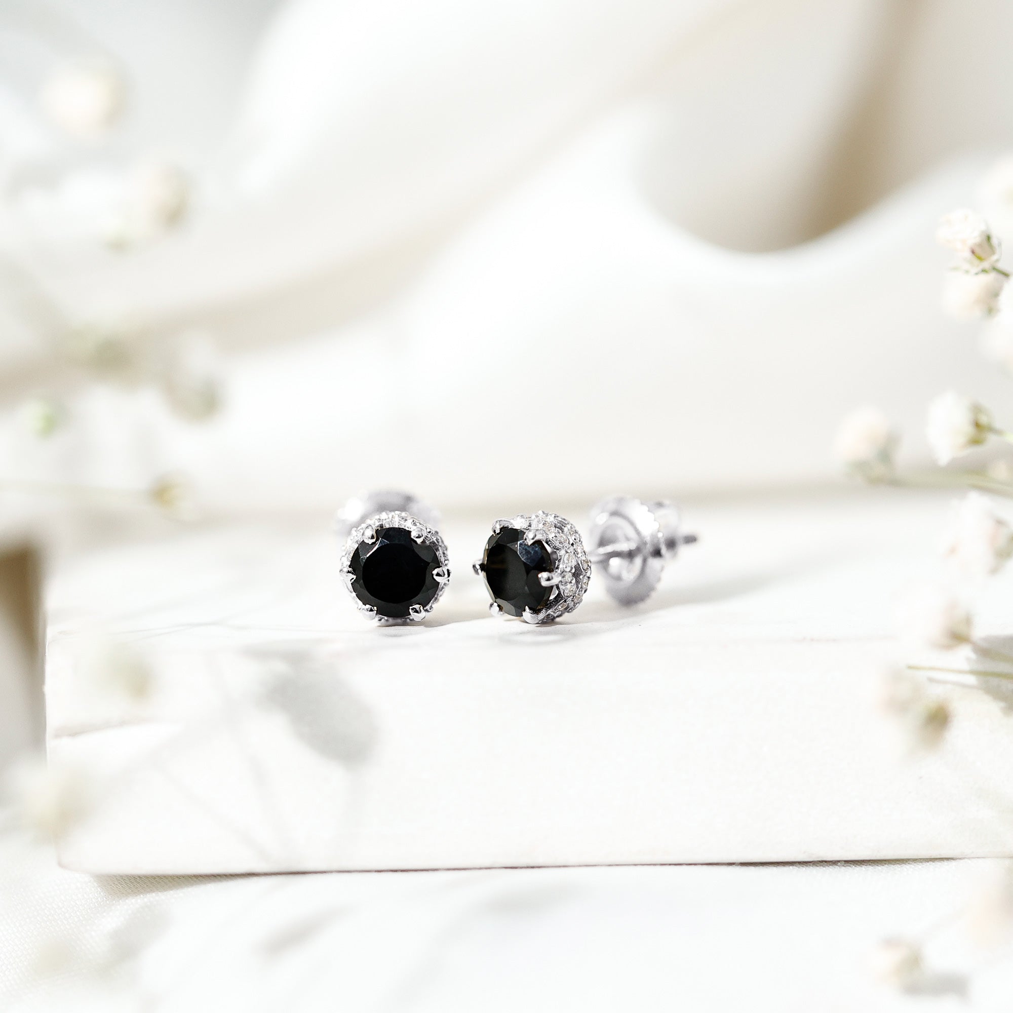 Black Onyx Wedding Stud Earrings with Diamonds AAA - Rosec Jewels