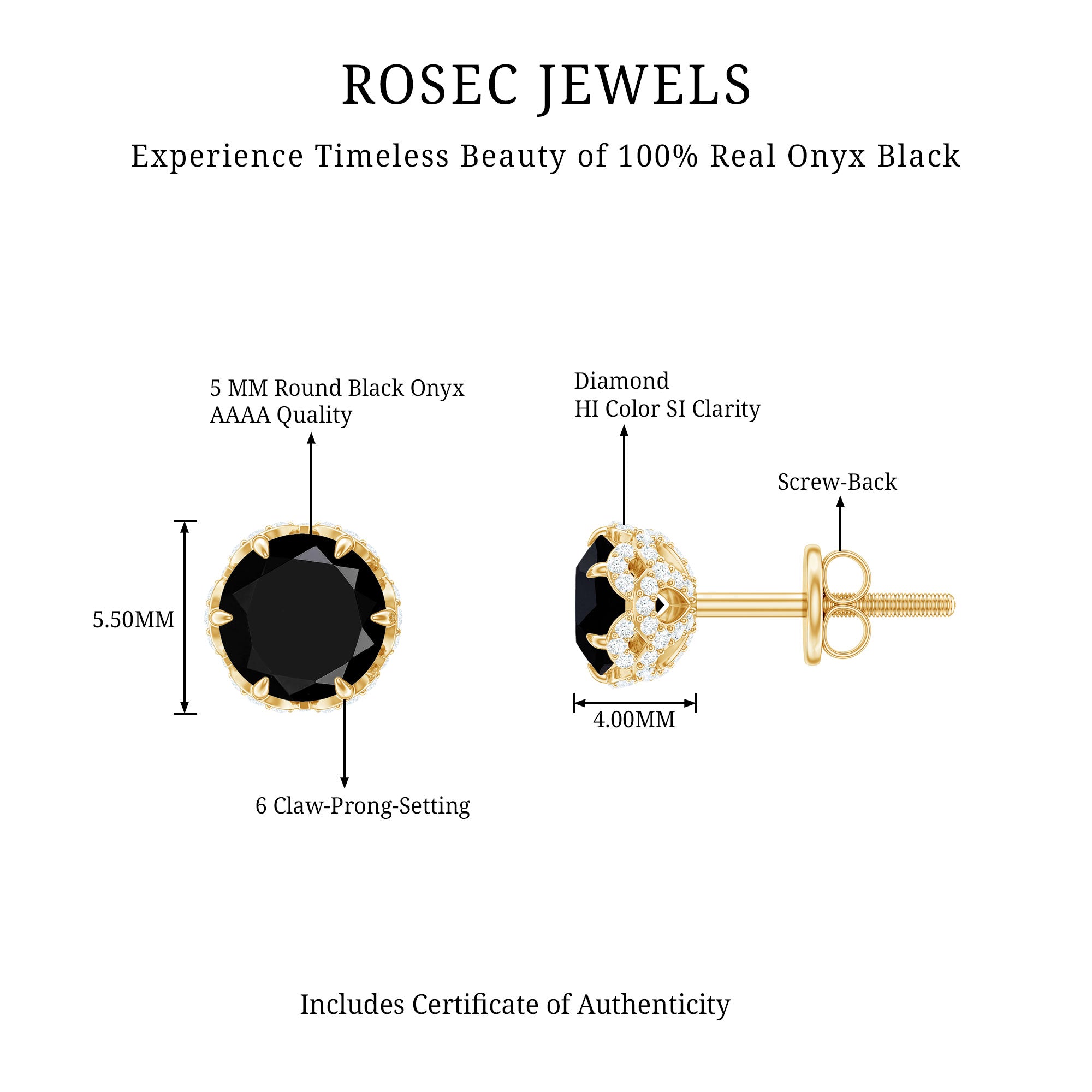 Black Onyx Wedding Stud Earrings with Diamonds AAA - Rosec Jewels