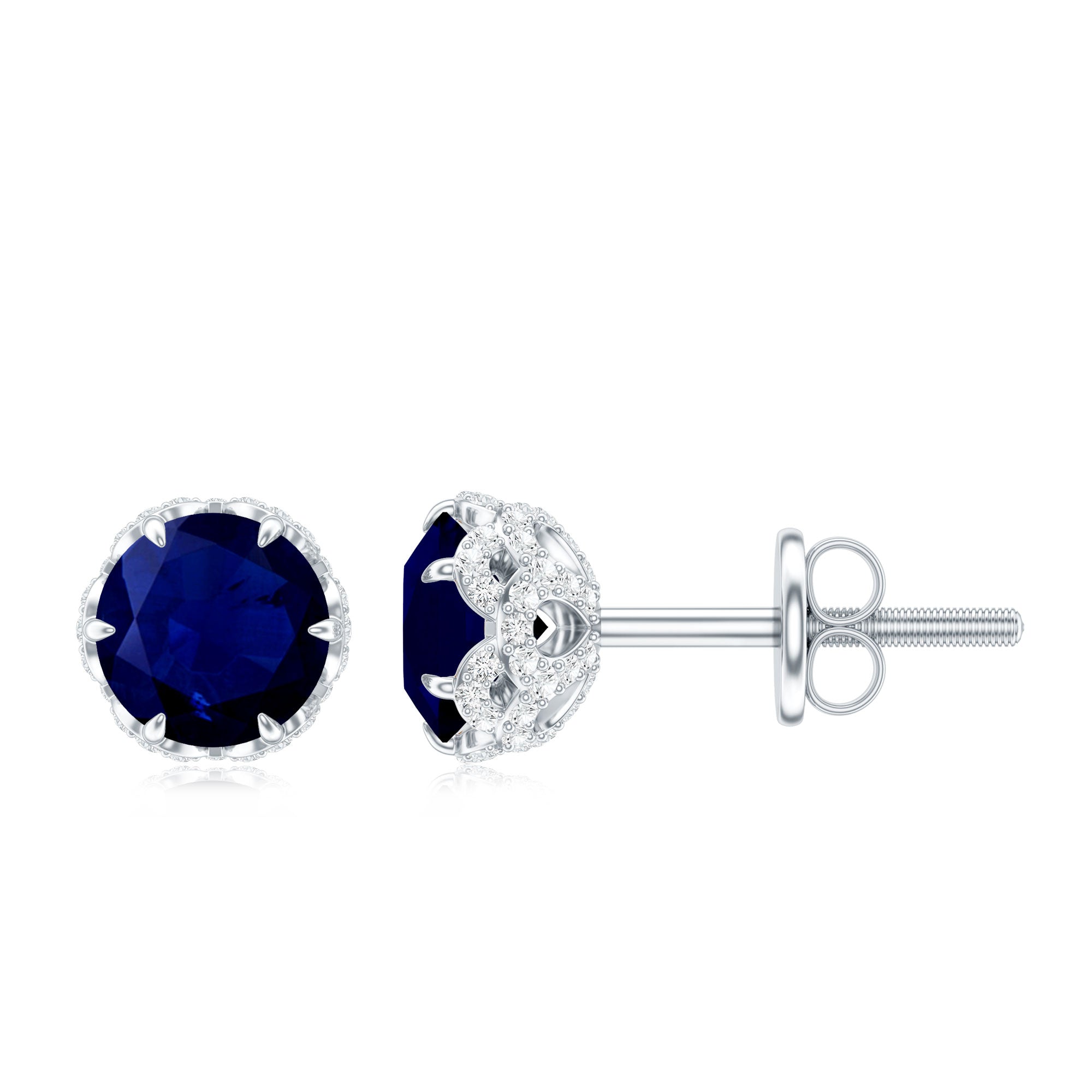 Designer Blue Sapphire Stud Earrings with Diamond AAA - Rosec Jewels