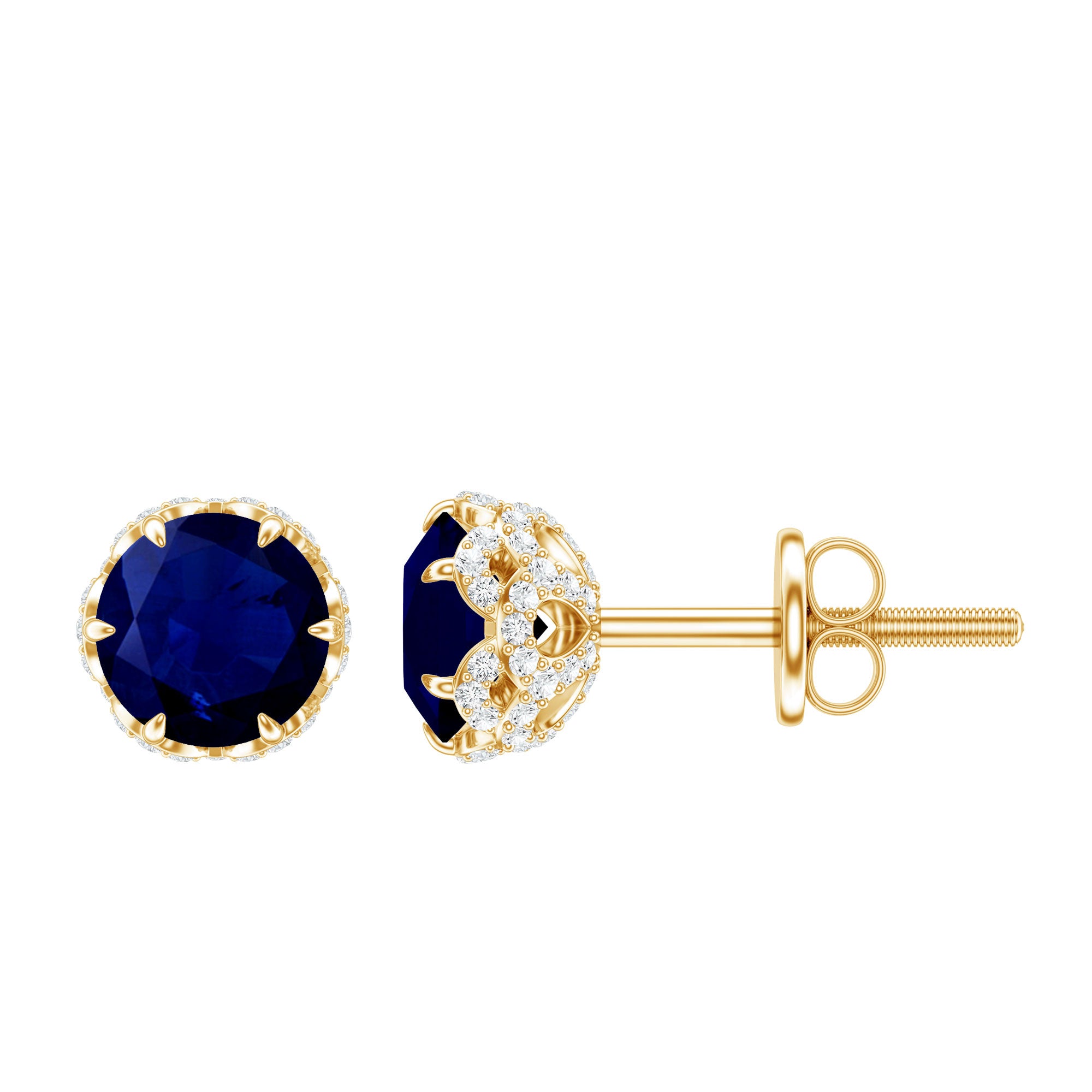 Designer Blue Sapphire Stud Earrings with Diamond AAA - Rosec Jewels