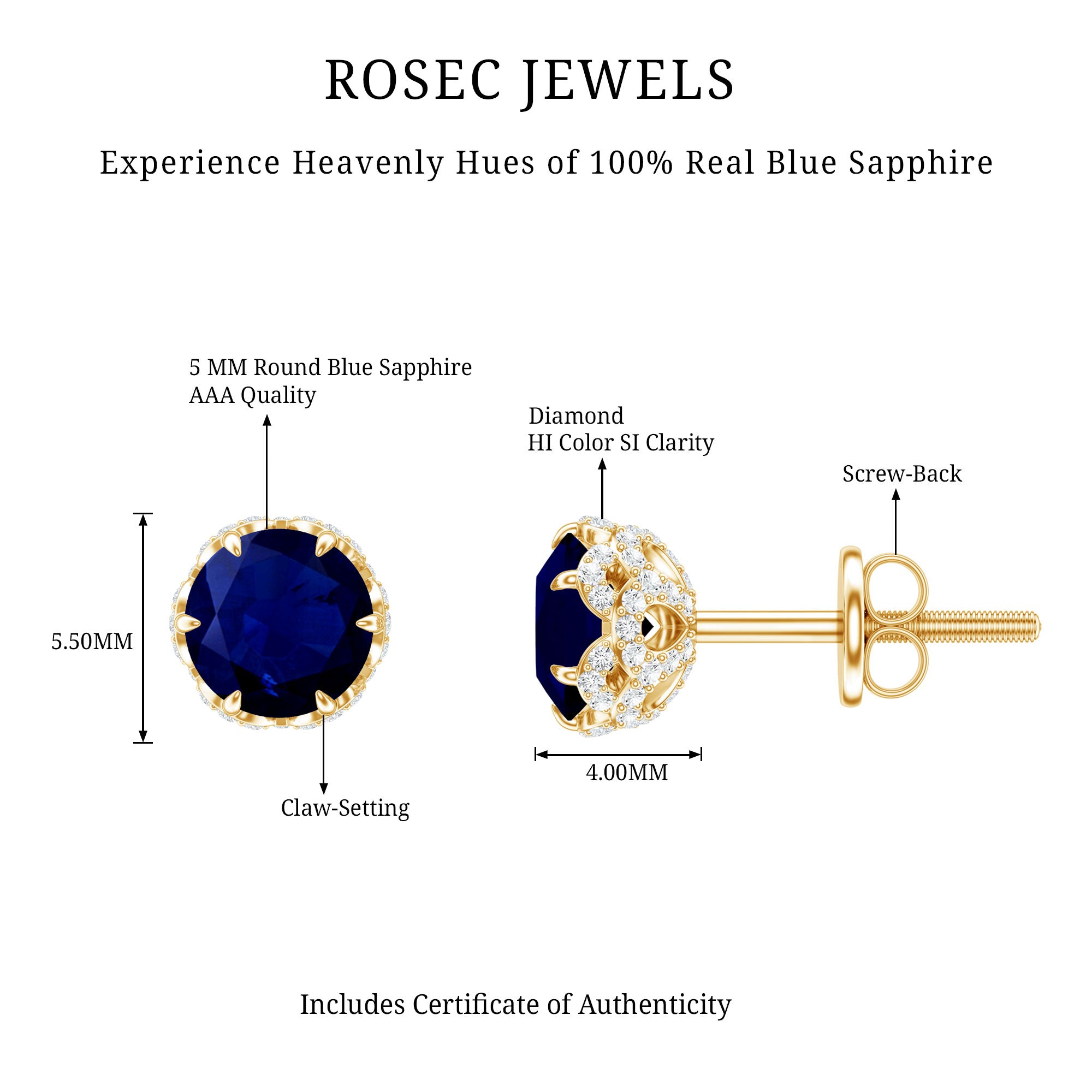 Designer Blue Sapphire Stud Earrings with Diamond AAA - Rosec Jewels