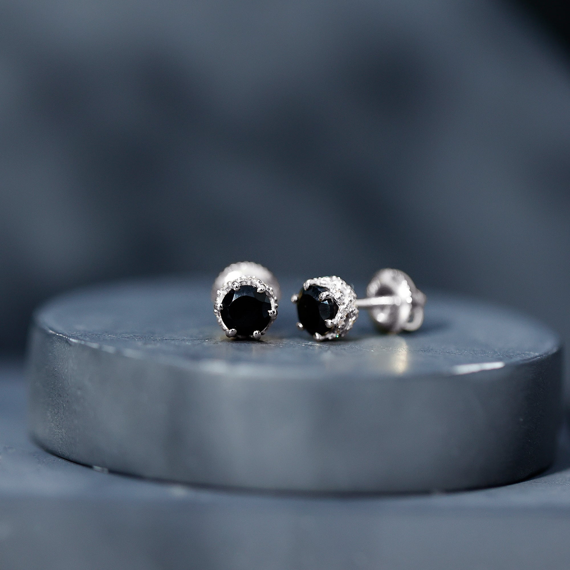 Lab Created Black Diamond Stud Earrings with White Diamonds AAAA ( Synthetic ) - Rosec Jewels