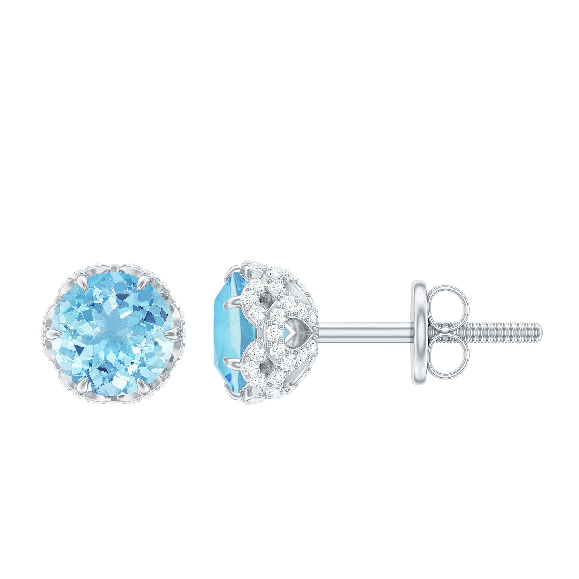 Natural Aquamarine Diamond Floral Stud Earrings with Screw Back